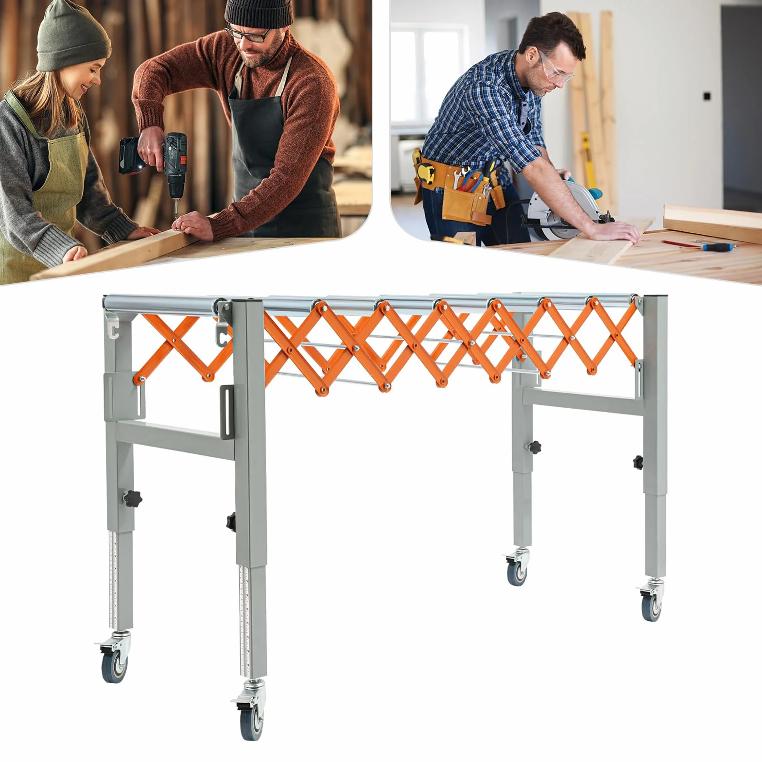 Rodillo transportador ajustable de tijeras, altura ajustable, rodillo transportador extensible de 46 a 130 cm, mesa de metal para transportadores ligeros, capacidad de carga de 50 kg