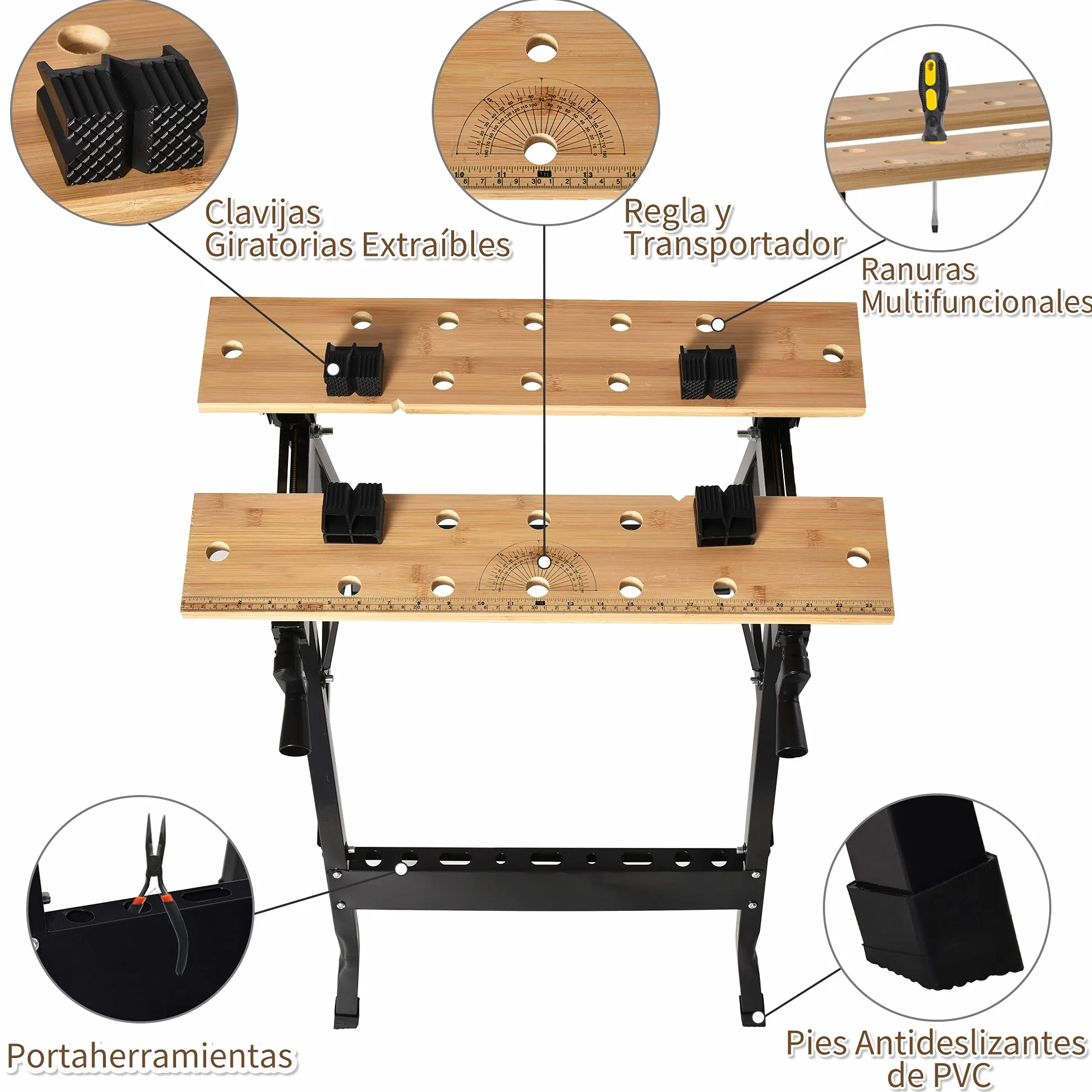HOMCOM Plegable Banco de Trabajo Bambú Acero 150 kg 63,5x60,5x78 cm