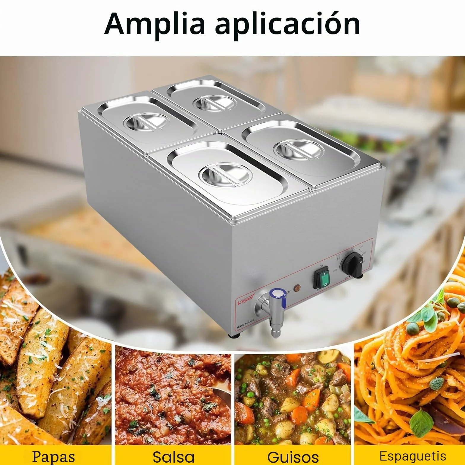 Valgus Calentador de Alimentos Comercial de Acero Inoxidable de 4 Secciones y 15L Servidor Buffet con Tapa y Grifo para el hogar, Catering, restaurantes