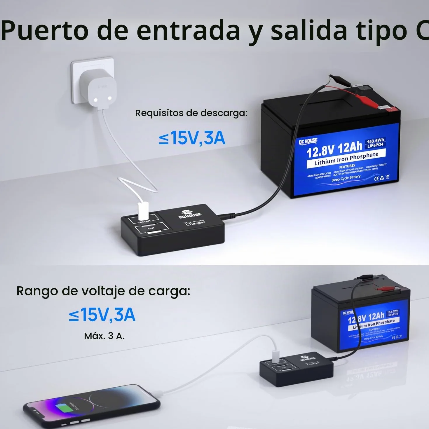 DCHOUSE Batería de Litio LiFePO4 de 12V 12Ah, DC 12V zu Typ-C & USB, con 3000 + Deep Cycle y protección BMS para autocaravanas, carritos de Golf, cortacésped, Panel Solar, Camping