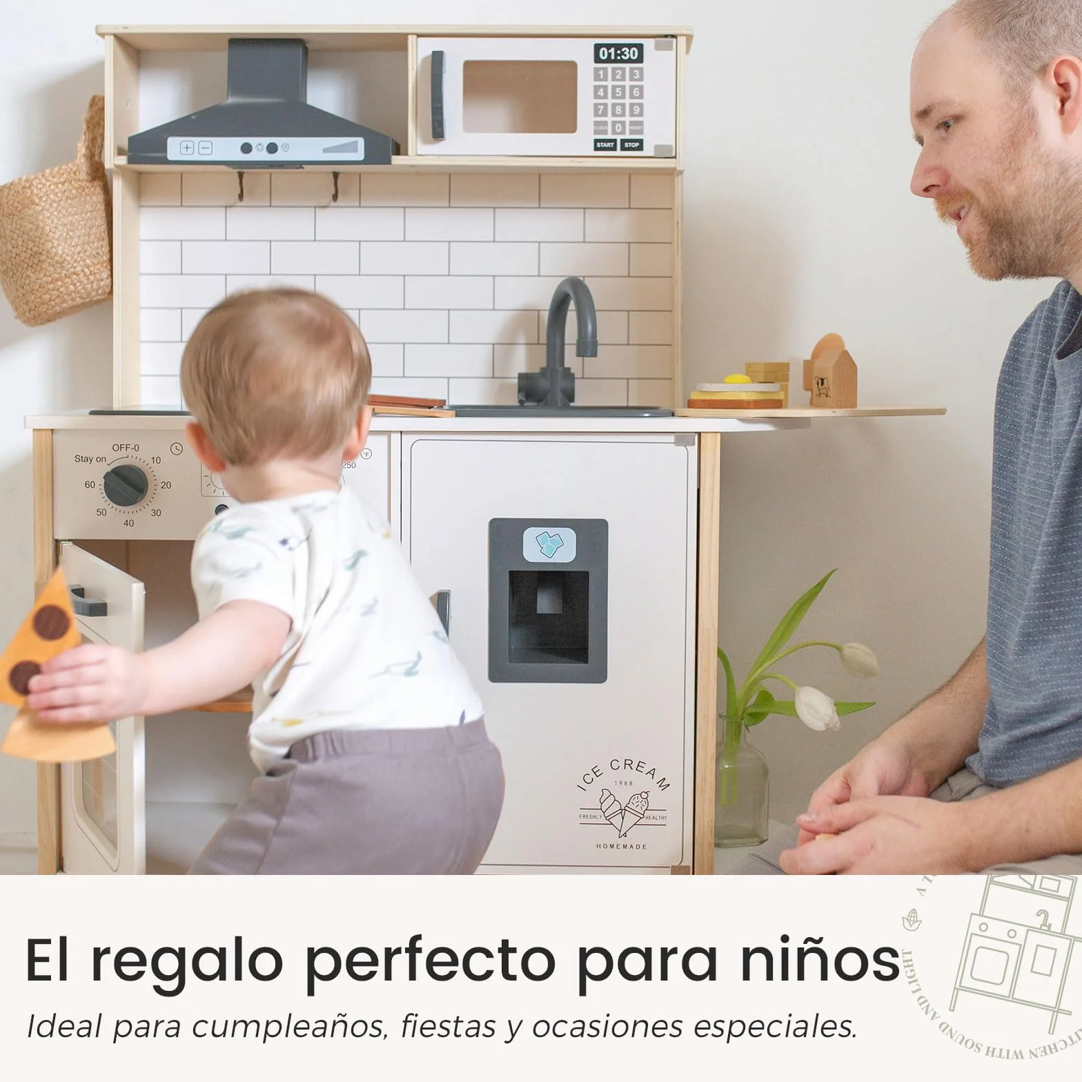 Tiny Land Cocina Juguete para niños con 18 Accesorios de Comida y Utensilios de Cocina de Juguete Juego de Chef de Madera con Luces y Sonidos