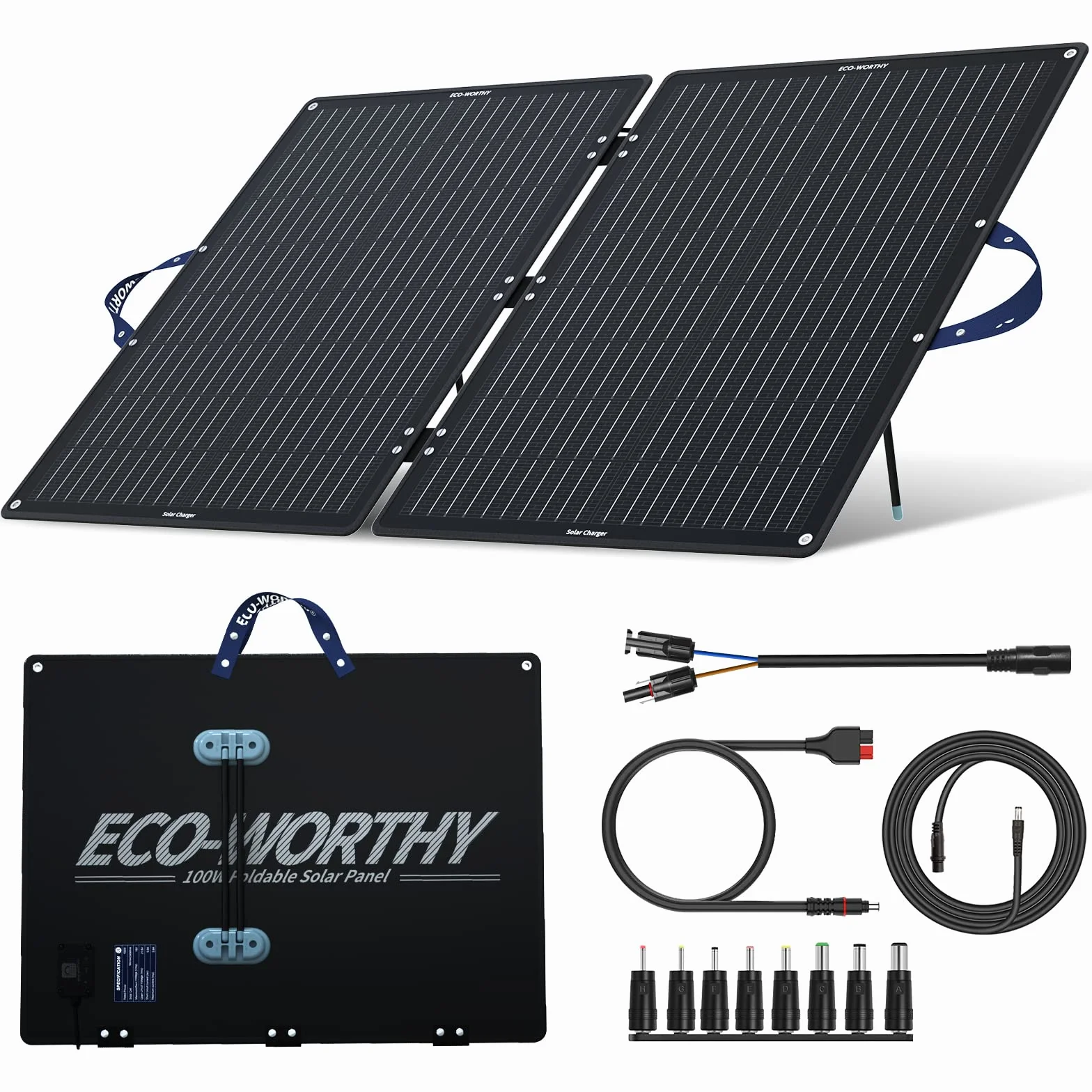 ECO-WORTHY Panel solar plegable de 100 W para generador solar Powerstation, con soporte ajustable, cable PV (9,84 ft), MC-4 y 4 adaptadores DC para la mayoría de Power Station, autocaravanas,