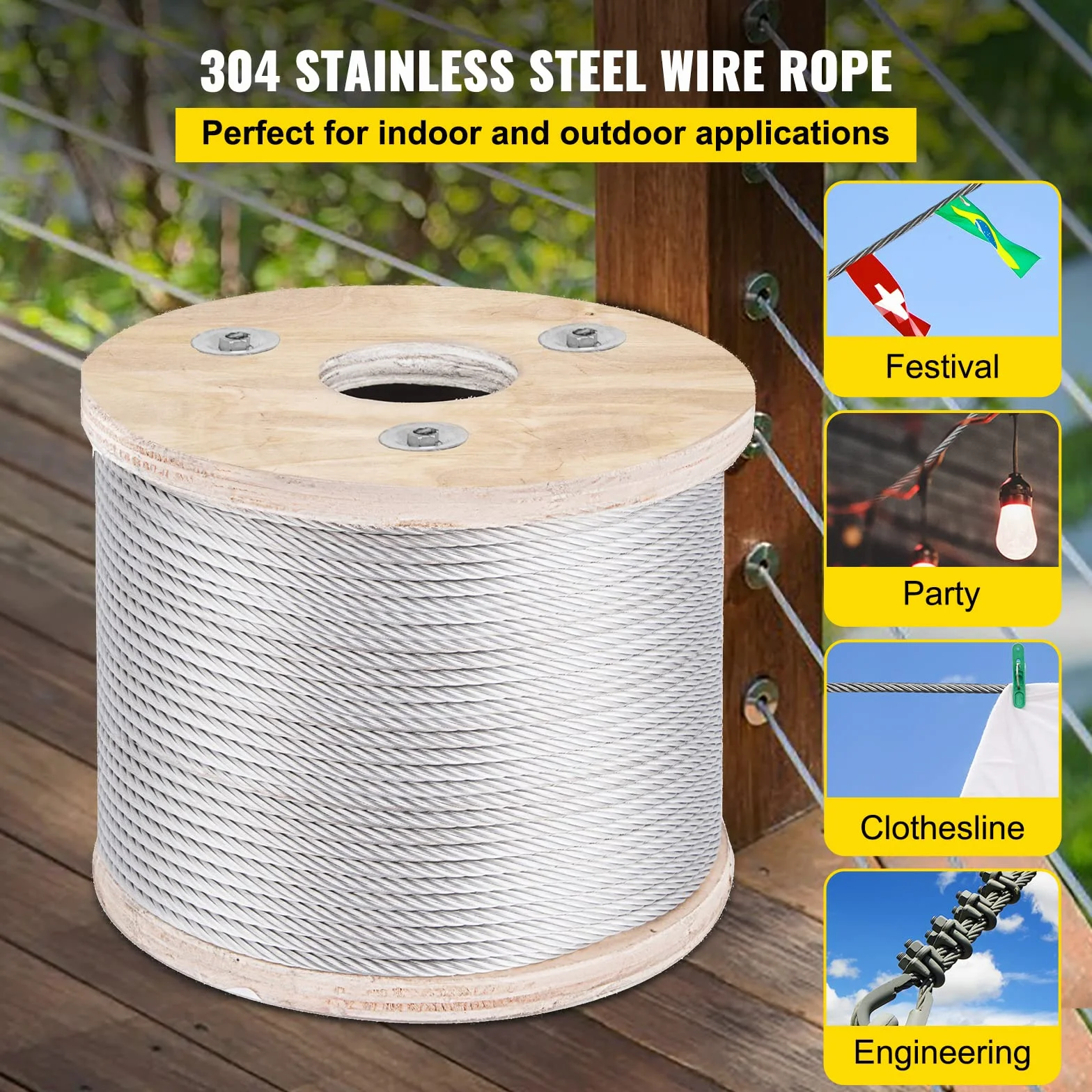 VEVOR Cuerda de alambre diámetro de 3/16" / 4,8 mm cable de acero inoxidable 304 longitud de 250 pies / 76 m cable 7x19 para bricolaje barandilla, tendedero, barandilla de escalera, valla de jardín