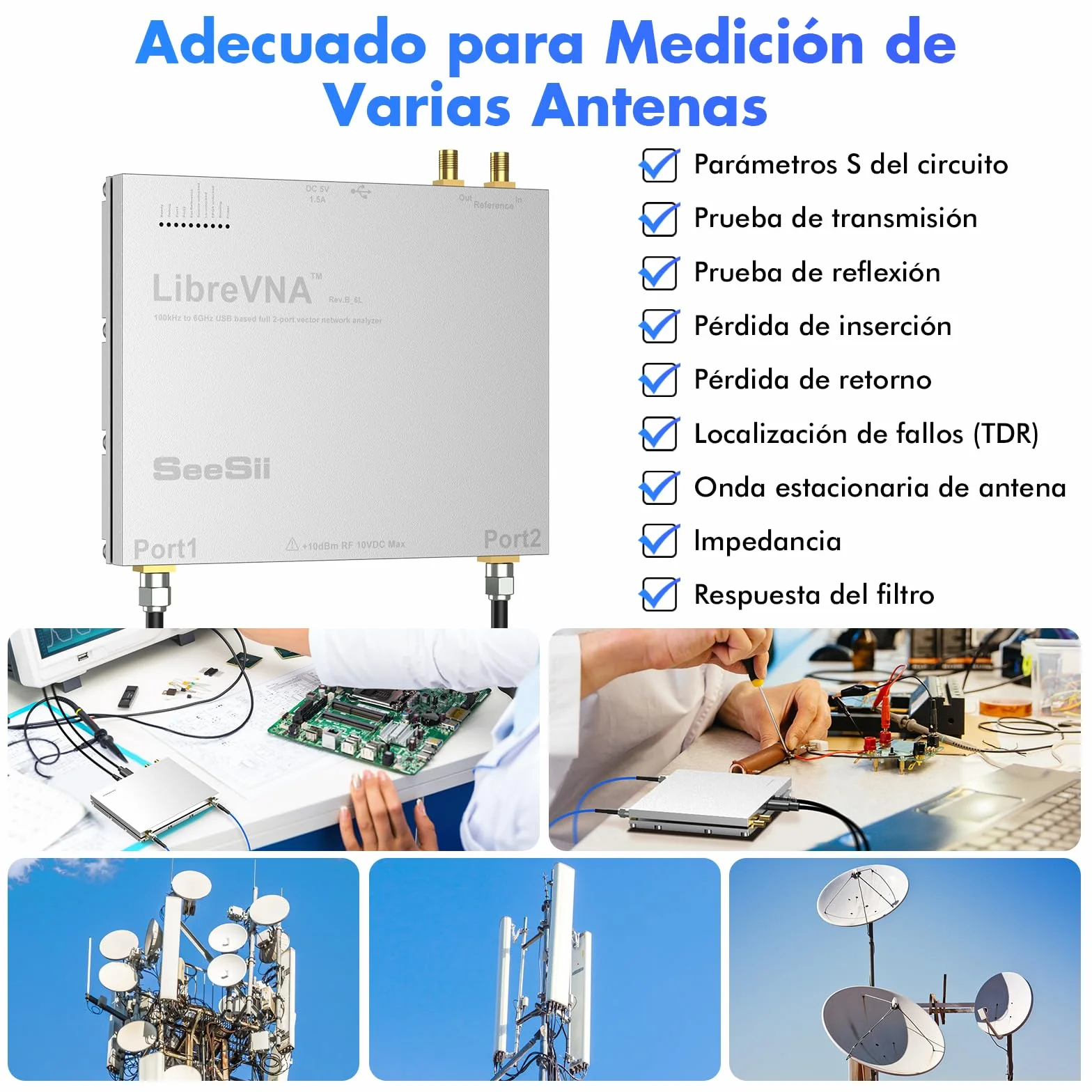 Seesii LibreVNA 2,0 Analizador Vectorial de Redes, Analizador de Antenas NanoVNA 100kHz-6GHz USB Completo Double Puerto con Entrada/Salida de Referencia Externa para Parámetros S Completos