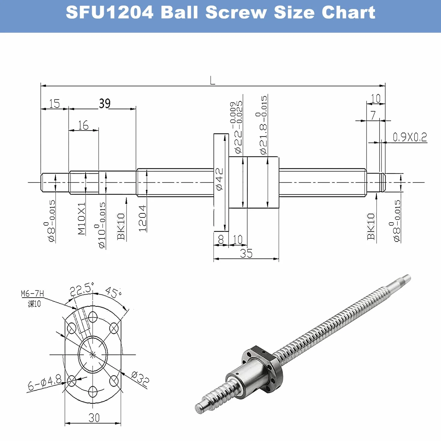 CNCMANS SFU1204 Husillo de bolas 500 mm acero inoxidable tornillo roscado extremo mecanizado tuerca bola soporte Bk10 Bf10