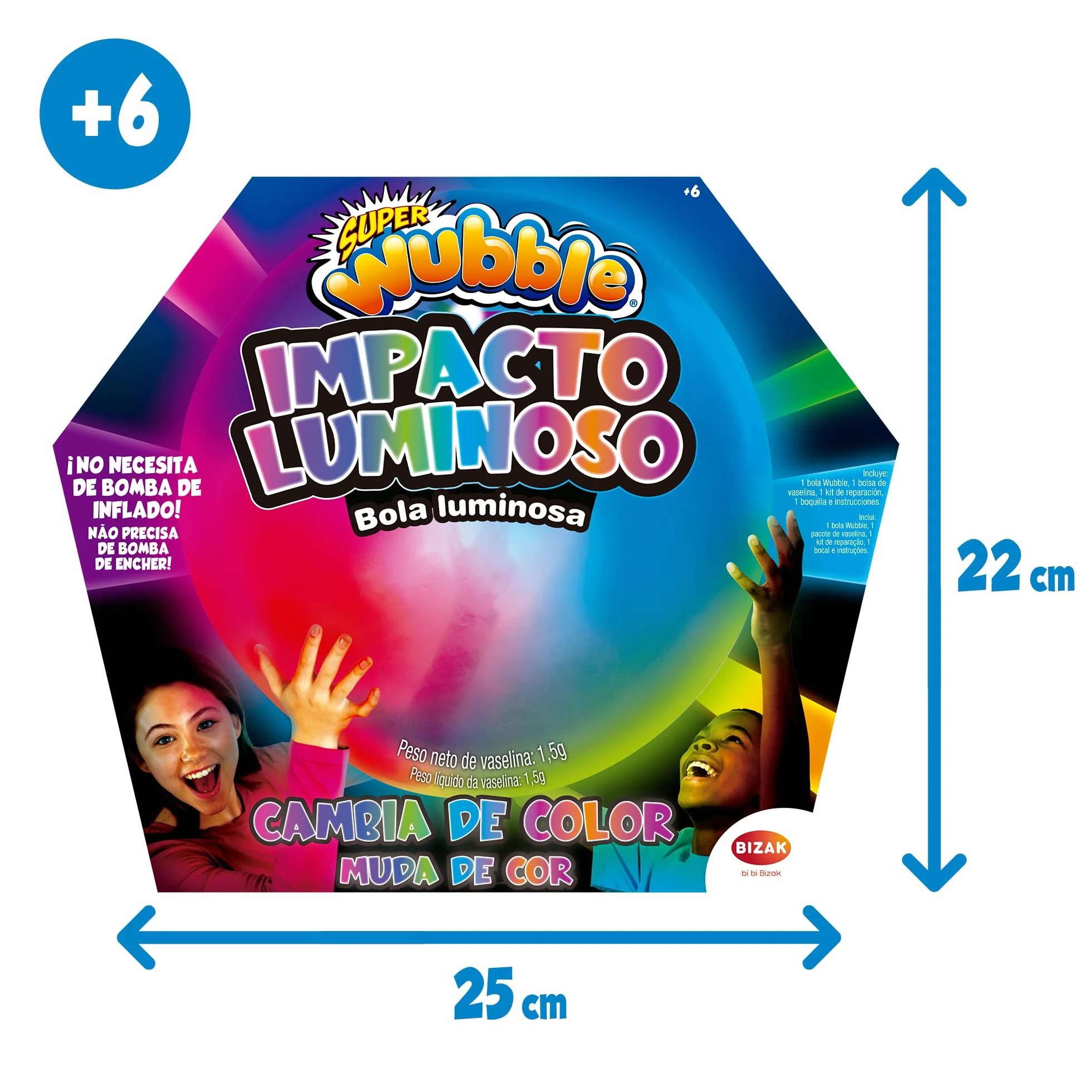 Bizak Super Wubble Impacto Luminoso Pelota Gigante Inflable 75 cm Cambia de Color