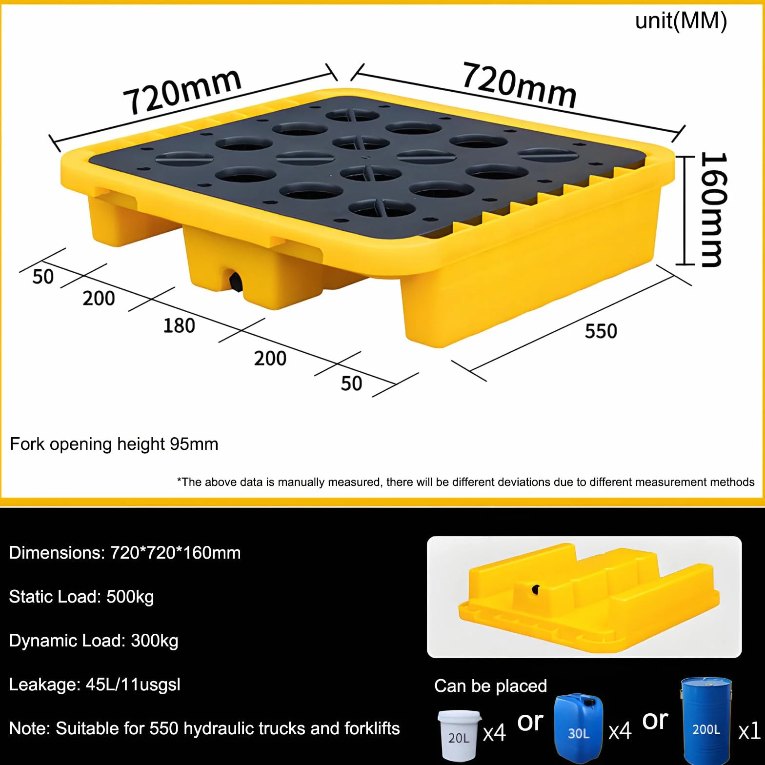 Bandeja antiderrames para Tanques de Aceite, Bandeja para derrames de bidones, Bandeja de Rejilla Desmontable encajable, Almacenamiento para Cubos de Pintura en Garaje 72×72×16cm