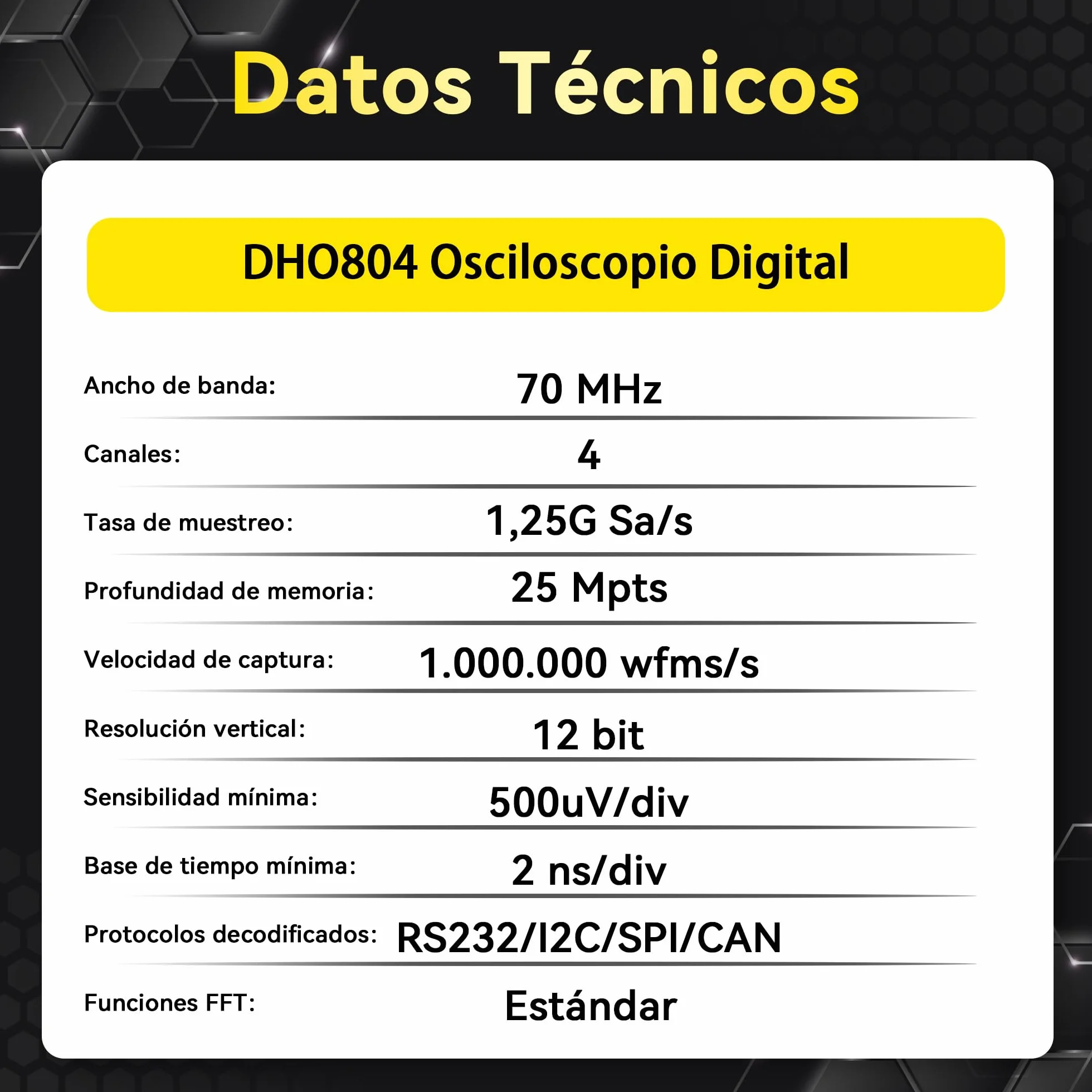 RIGOL Osciloscopio,DHO804 Osciloscopio Digital Portatil,70MHz,4A canal,Resolución de 12 bits,Pantalla táctil HD 7",compatible con batería externa,ideal para pruebas en campo y enseñanza