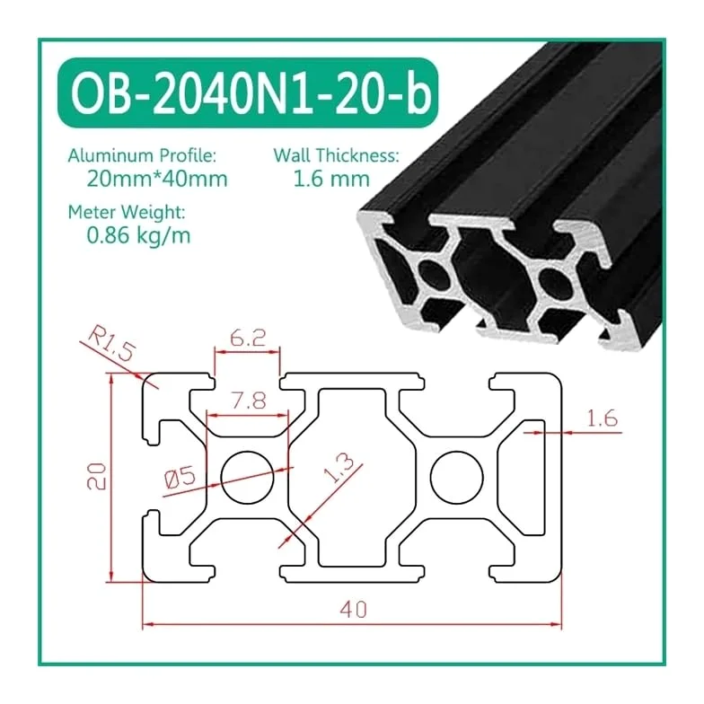 OB-2040N1-20-b Perfil De Aluminio Con Ranura En T, Marco DIY, Máquina Extrusión Riel Lineal, Metal, Sellado for Impresora 3D CNC, 1 Ud(850mm)