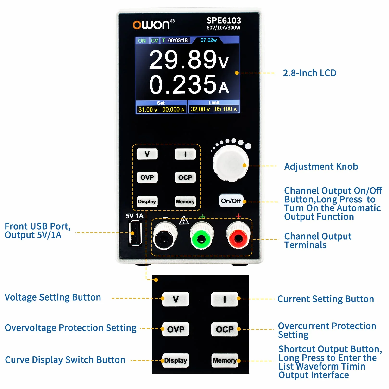 OWON SPE6103 Fuente de alimentación de laboratorio programable (0-60 V 0-10 A), fuente de alimentación de CC de 300 W, pantalla LCD de 2,8 pulgadas, software de PC de salida de canal único y carga USB