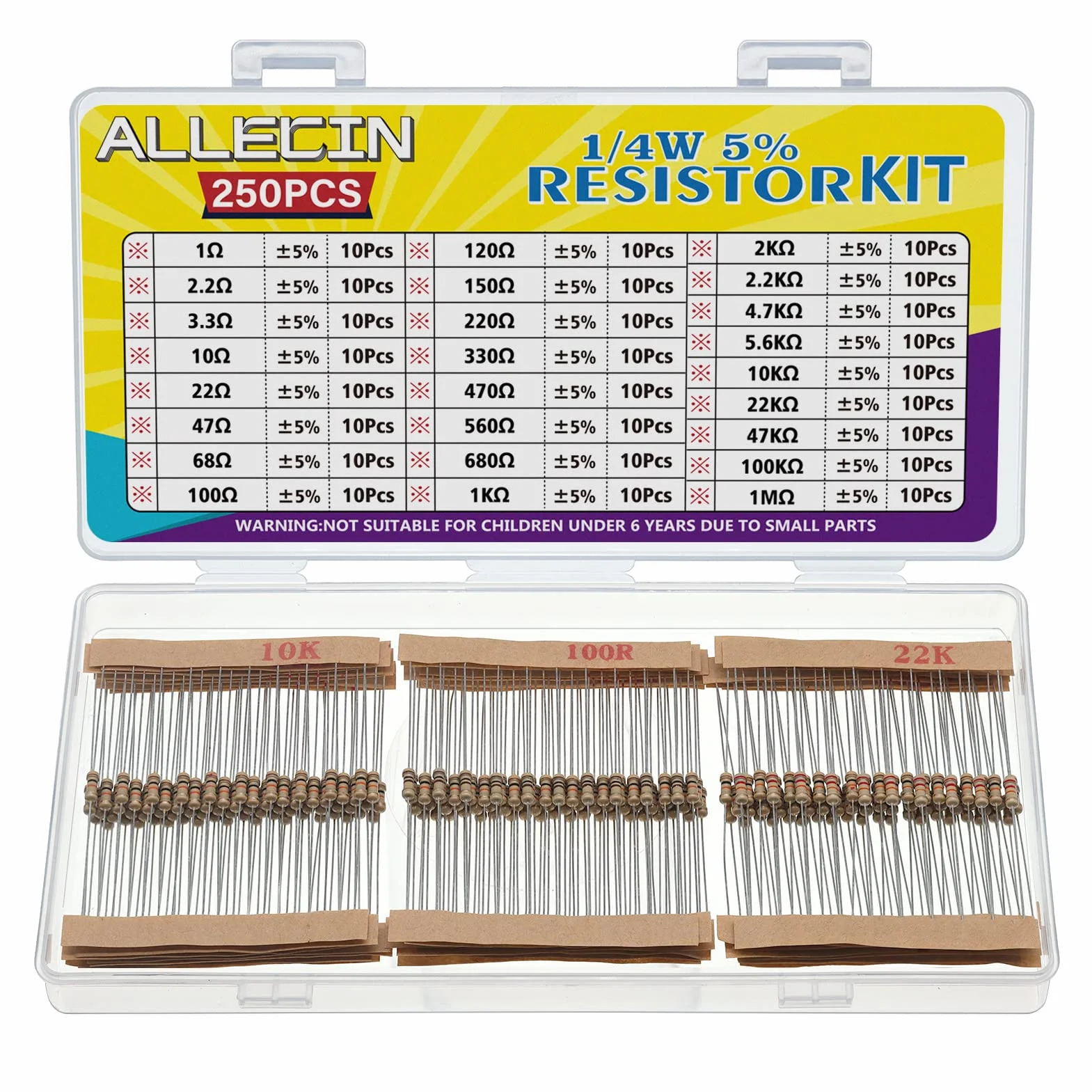Kit 25 Valores 1/4W Resistencias de Película de Carbono 1 Ohmio a 1M Ohmio 5% Tolerancia