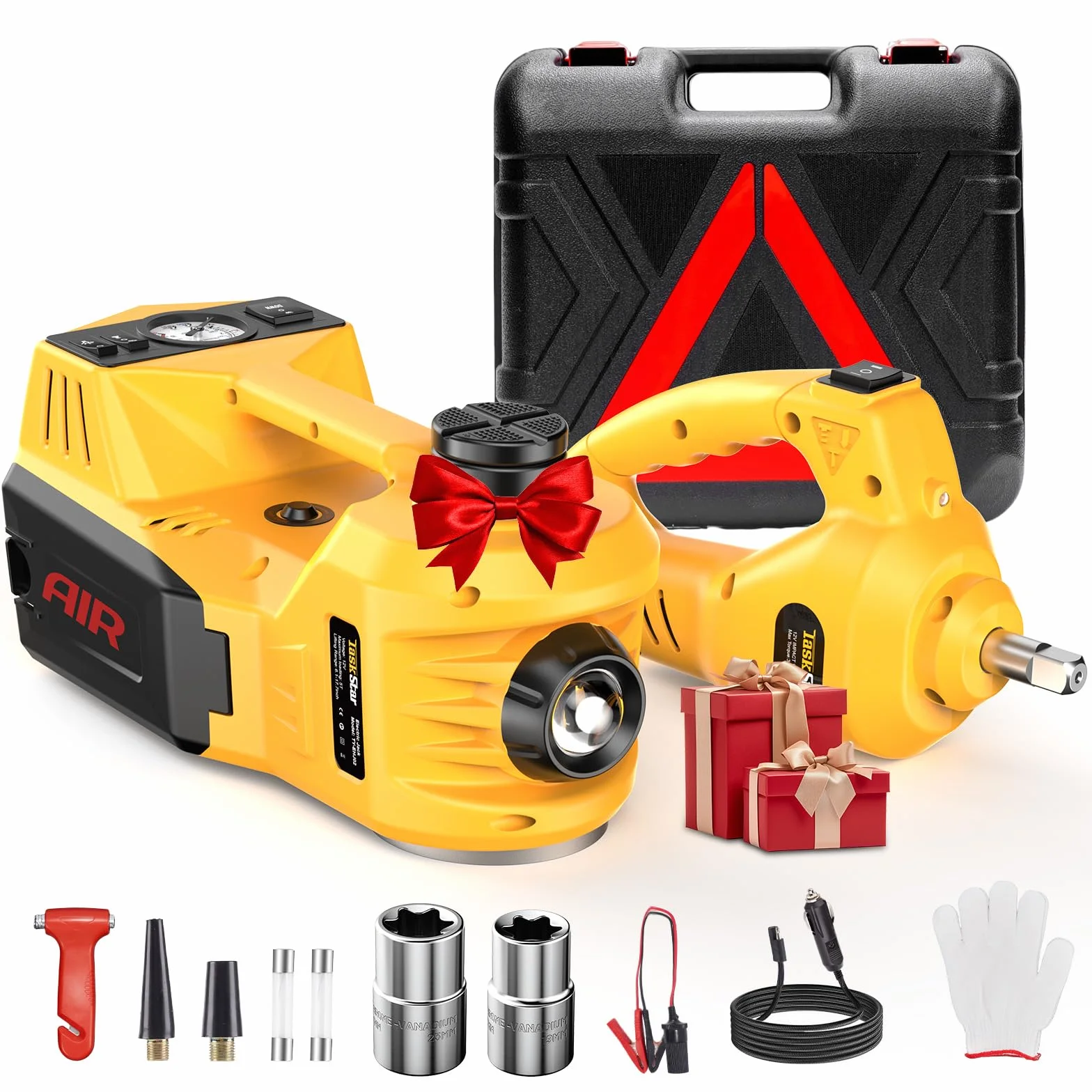 TaskStar Gato Hidráulico 5t 3t, 12V Kit de Gato Eléctrico para Coche (Alcance :15.5-45 cm) con Llave eléctrica e inflador, para Recogida de Coche Cambio de Neumáticos Reparación de Garaje