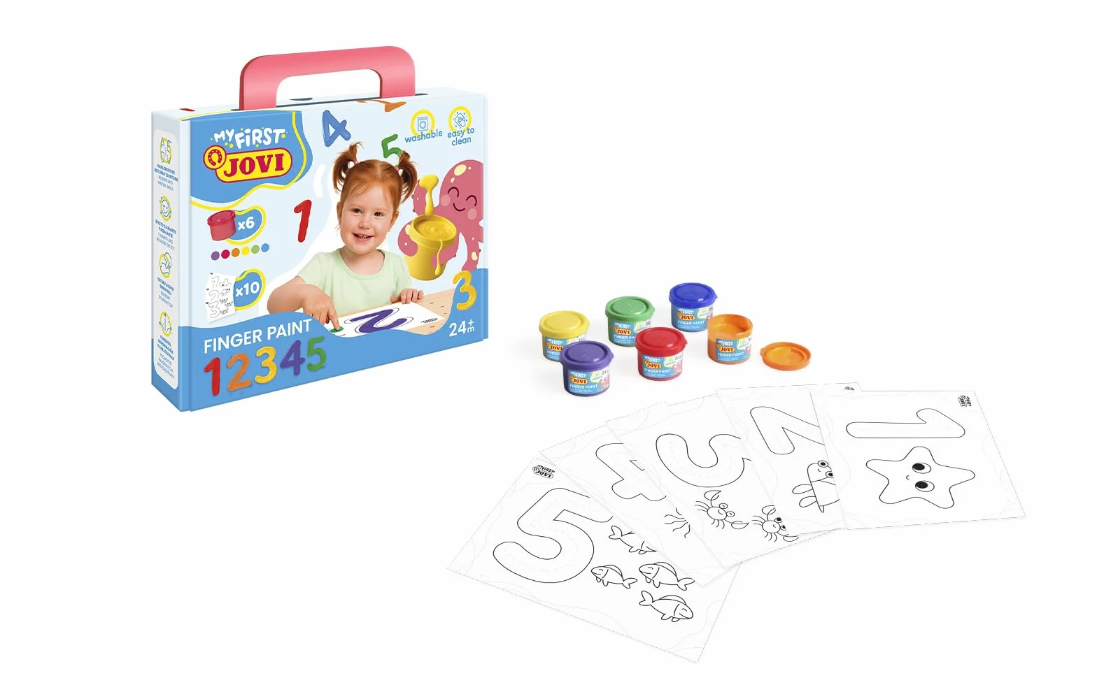 Jovi My First Kit de Finger Paint Aprendiendo los Números, Set de 6 Botes 35 ml, 10 Plantillas, a Partir de 2 Años