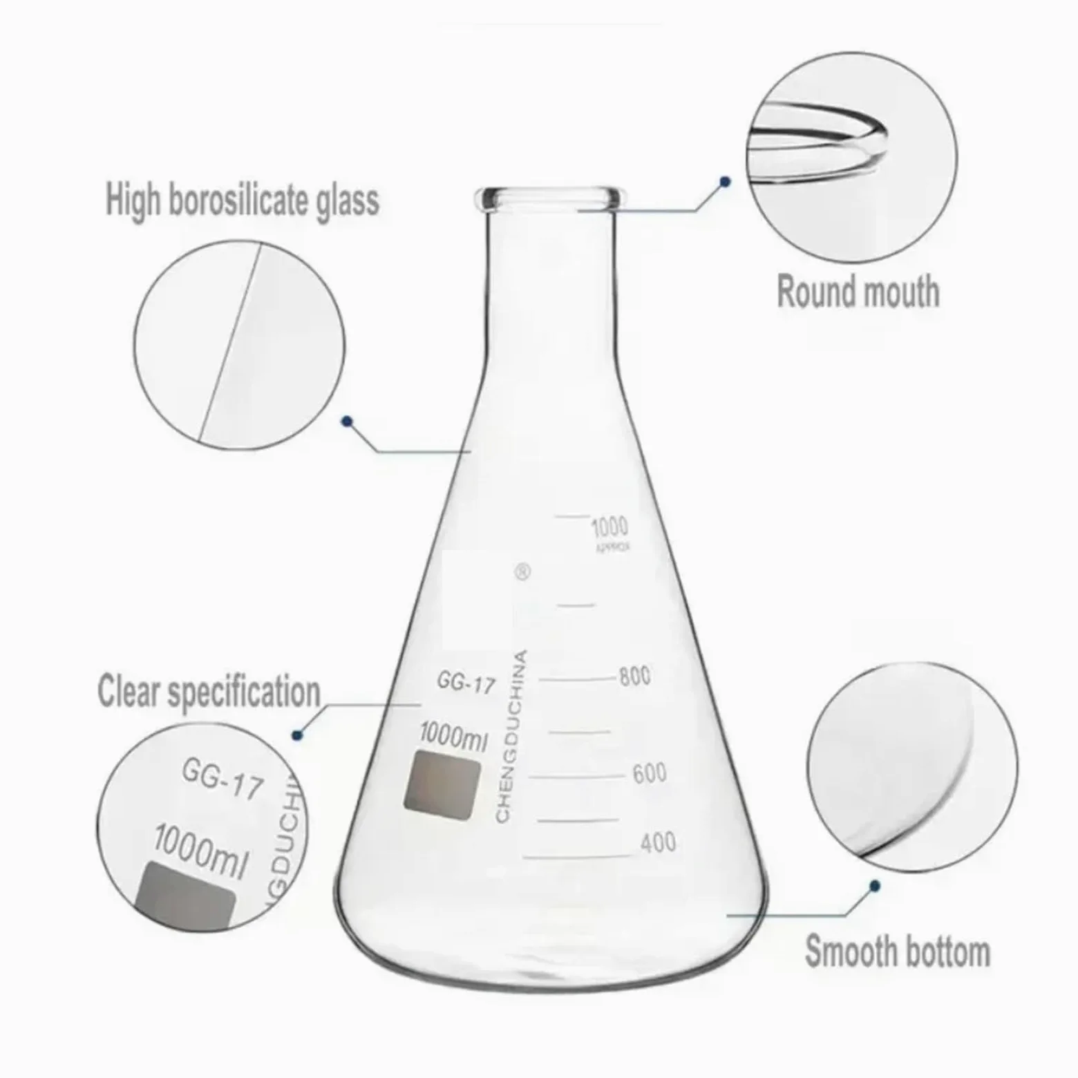1 matraz Erlenmeyer cónico de vidrio borosilicato for equipos de laboratorio químico(1000ml)