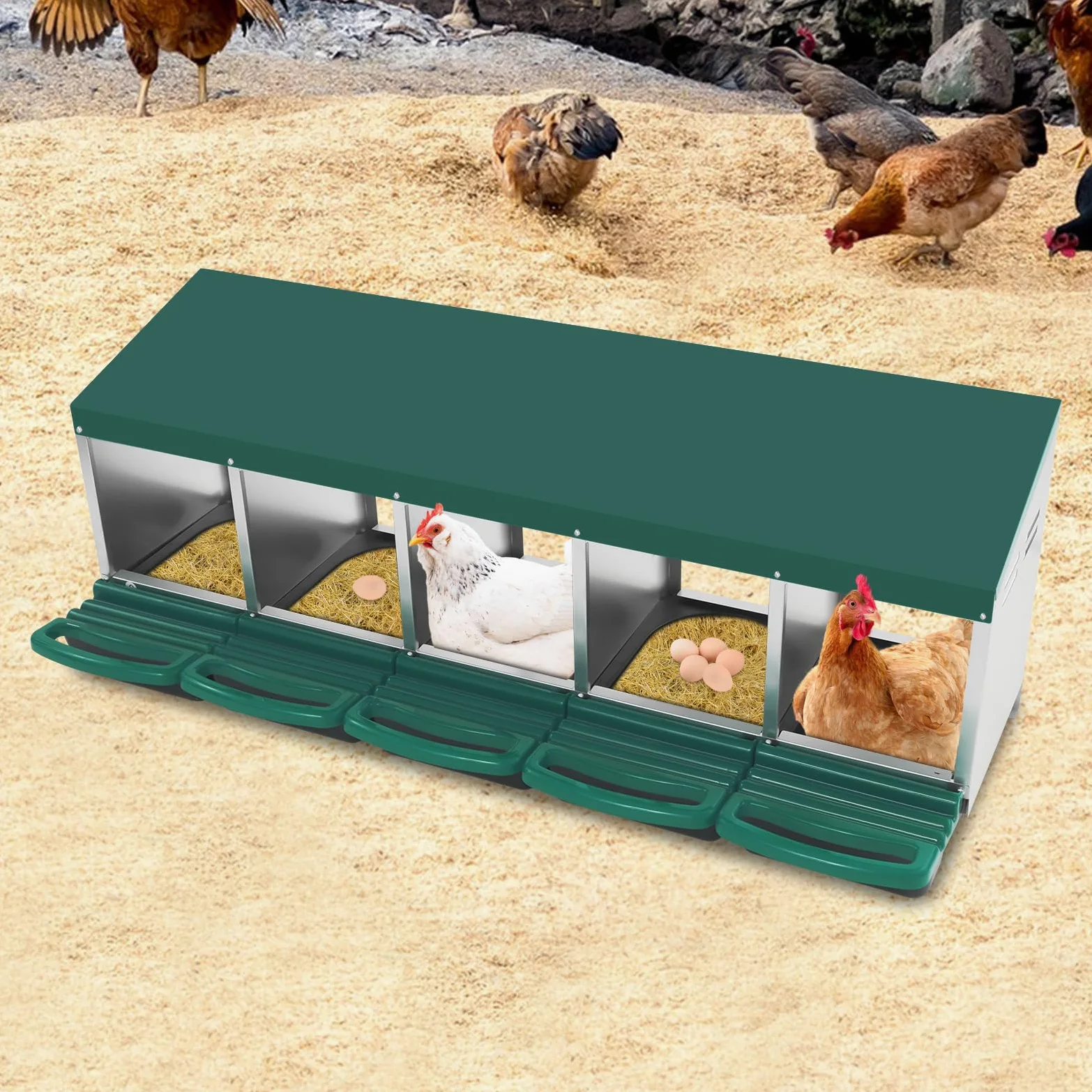 Nido para pollos, 5 compartimentos, nido de pollo de acero galvanizado y plástico, con pie en el suelo o en la pared, con toldo para gallinero y aves de corral
