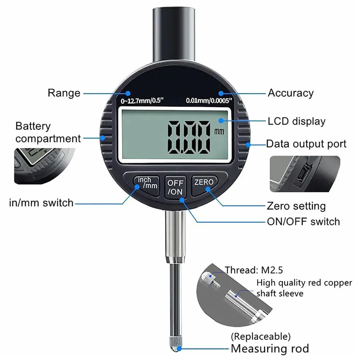 Rugosímetro digital portátil con mango antideslizante, rango de medición de 0 a 6,5 ​​mm y precisión de ±2 μM, 2 tipos de conversión de unidades y salida de datos, for rectificado e impresión.
