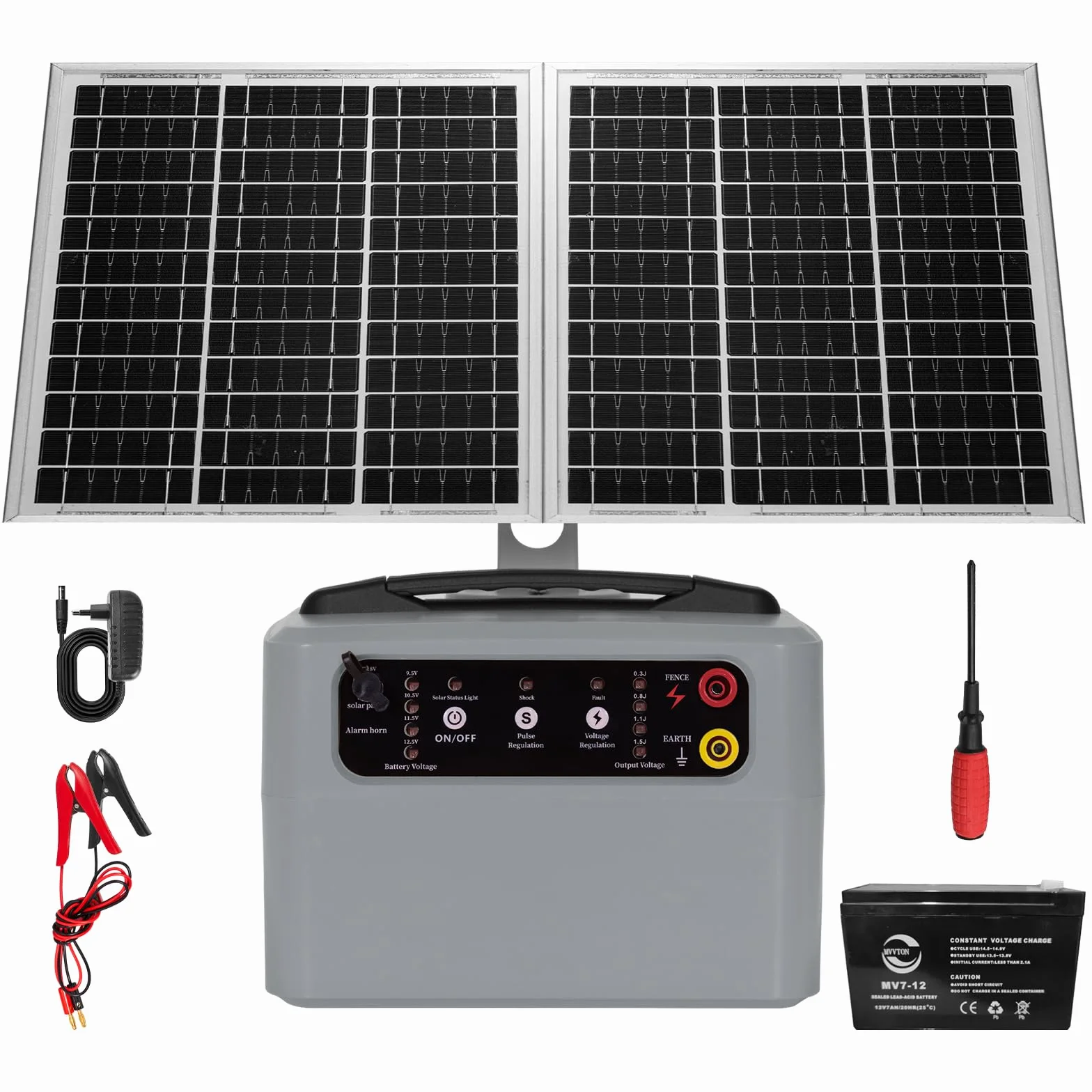 48 KM Pastor Electrico Solar, 0,3 J-1,5 J, 6 KV-12 KV Cerca Eléctrica Controlador con Panel Solar de 15 W, con Batería de Plomo-ácido Integrada de 12 V y 7 Ah, Apto para Ganado Ganado, Vacas(Gris)