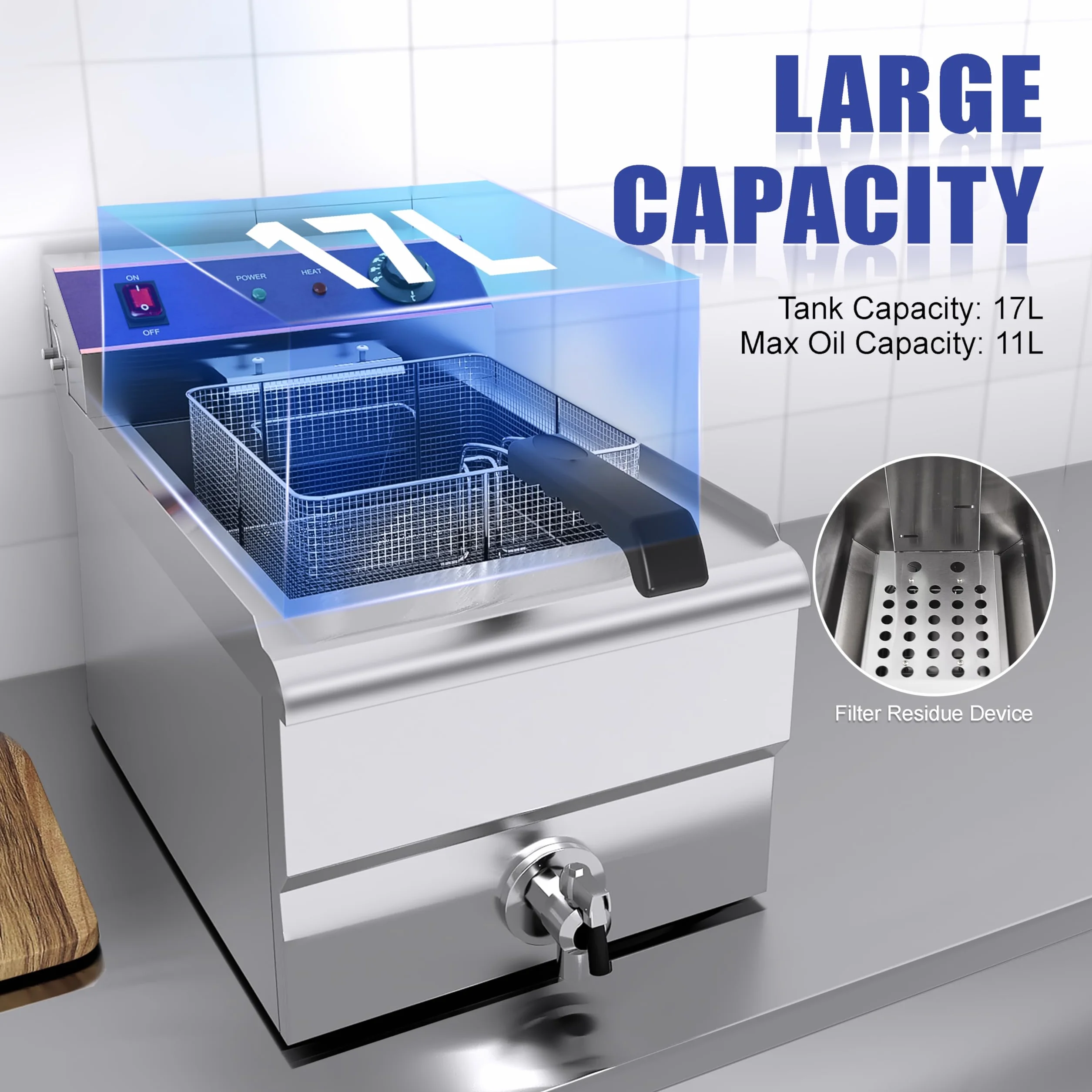 Freidora Eléctrica Profesional 17L, Freidora eléctrica comercial de acero inoxidable con grifo, Capacidad máxima de aceite 11L