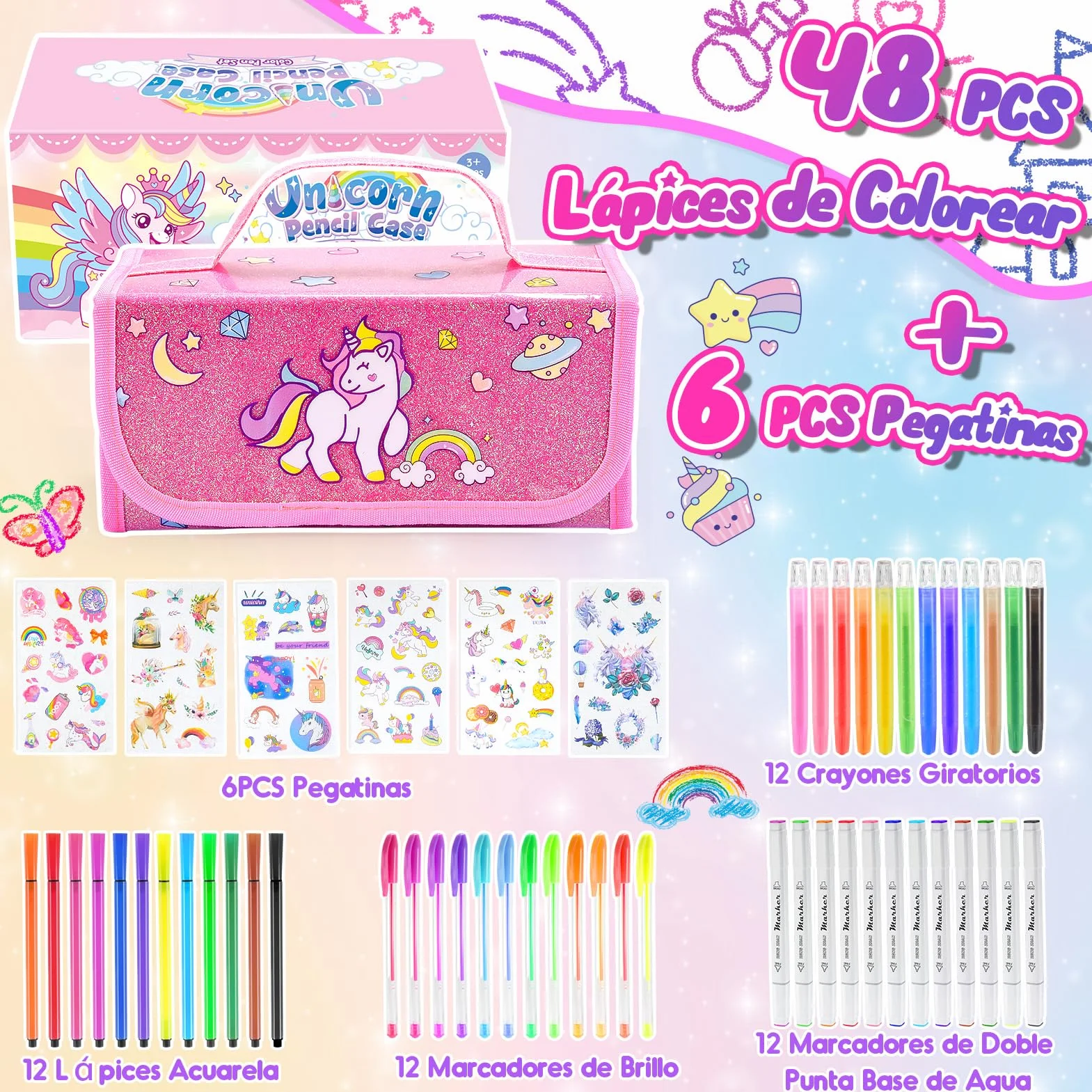 Maletin Pinturas para Niños Acuarelas Marcadores Regalo Niña 3-10 años Estuche 48 Pinceles Pegatinas Impermeable Fácil de Limpiar Rosa
