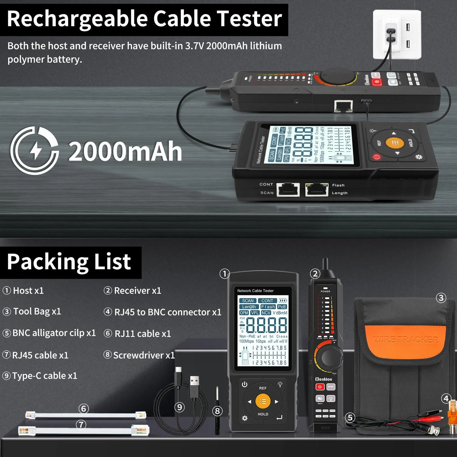 Probador de cabina de red RJ45 multifunción, trazador de cables, probador de cables recargables, prueba de conexión UTP y fallo de enchufe, longitud del cable, VFL, OPM, IEEE 802.3bt/af/at y detección