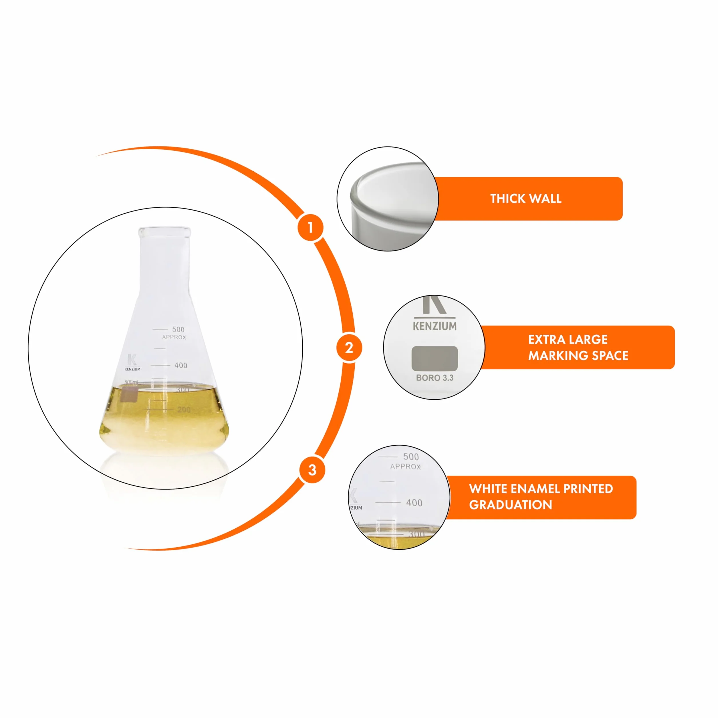 KENZIUM - Pack 3 x Matraces Erlenmeyer | 3 Medidas: 250 ml 500 ml y 1000 ml | Vidrio Borosilicato 3.3 | con Graduación Impresa | de Boca Estrecha | Ideal Laboratorio y Educación