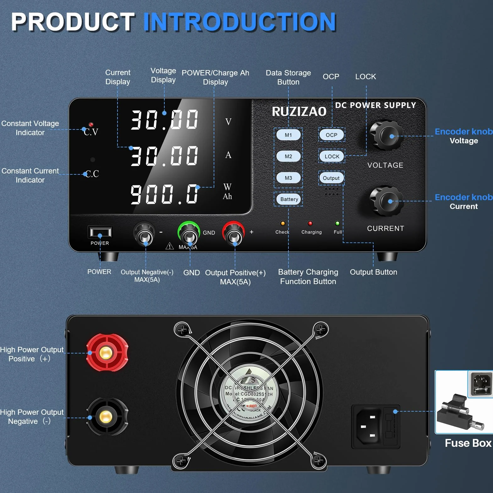 Fuente de alimentación de laboratorio (30 V, 30 A, 900 W, alta potencia, con botón codificador 6 V, 12 V, 24 V, para carga de batería/memoria almacenamiento función/función OCP