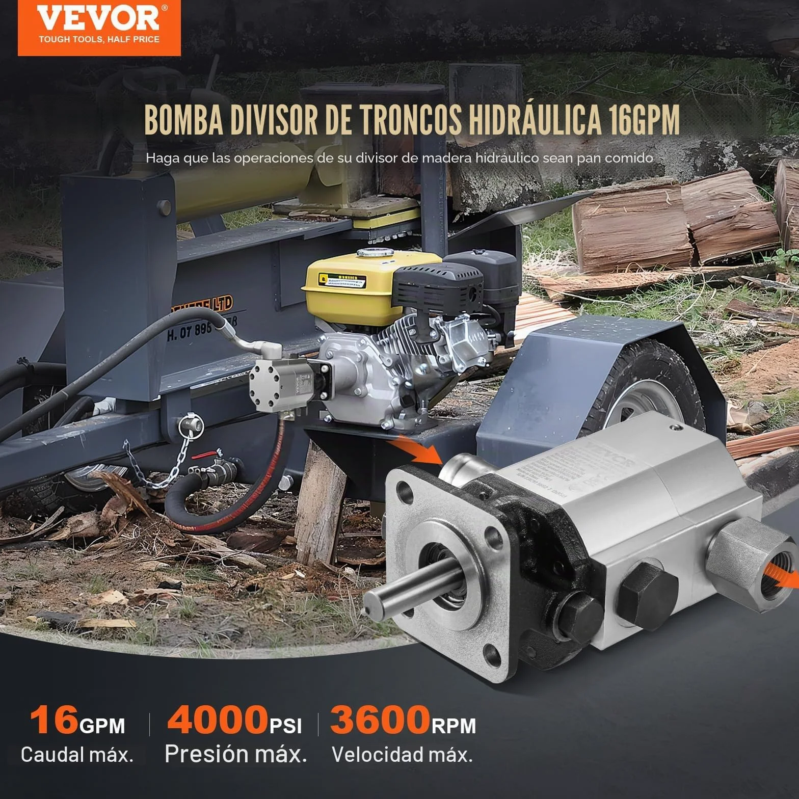 VEVOR - Kit de Bomba hidráulica para Troncos de 16 GPM, Bomba de Engranajes hidráulica de Aluminio de 2 etapas 4000 PSI con válvula de Entrada de 1 Pulgadas, Salida NPT 1/2 '' 3600 RPM, para Motor