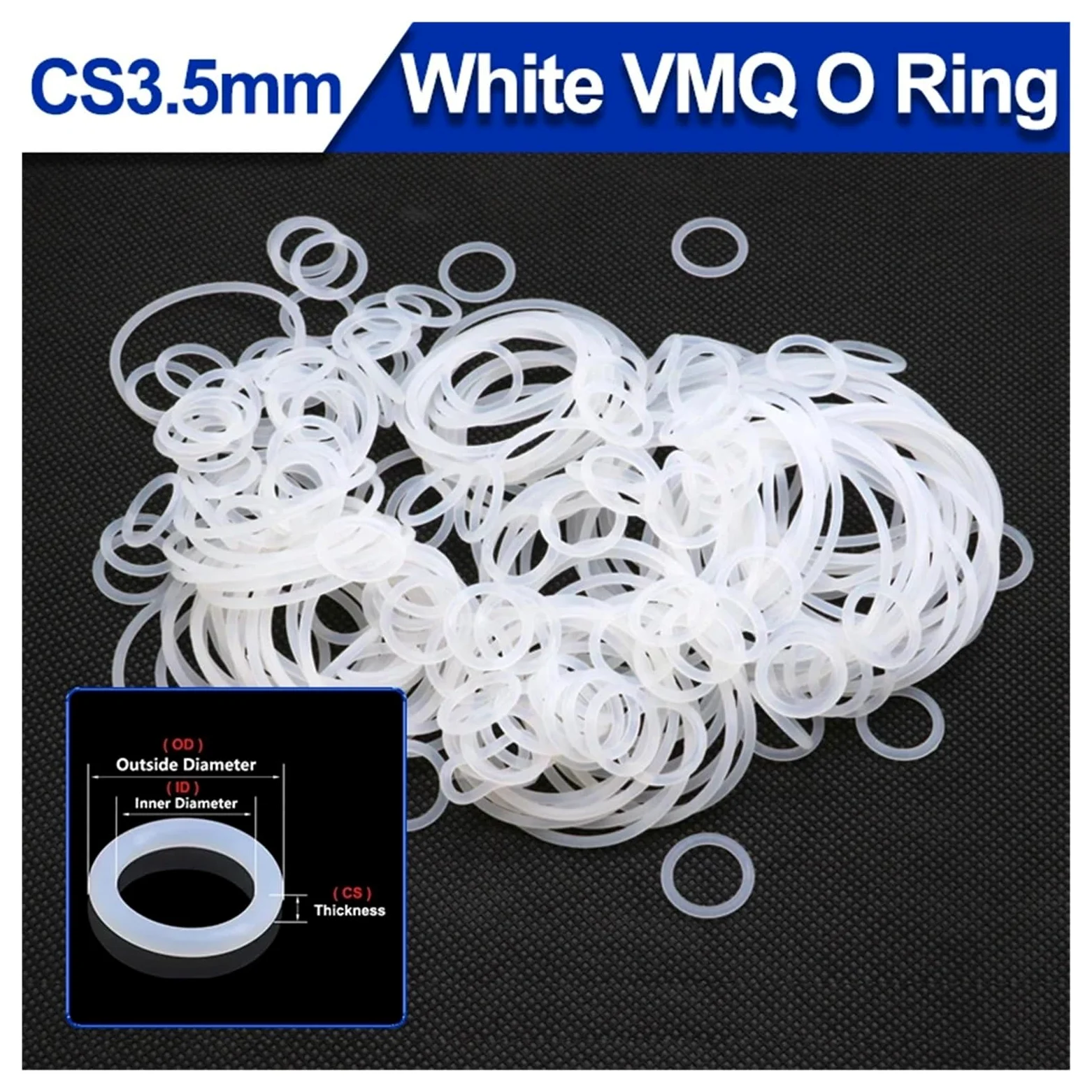 Junta tórica VMQ blanca de grado alimenticio, CS 3,5 mm diámetro exterior, 10~150, arandela impermeable silicona y caucho, paquete 10/50 unidades(OD 125mm ID 118mm)