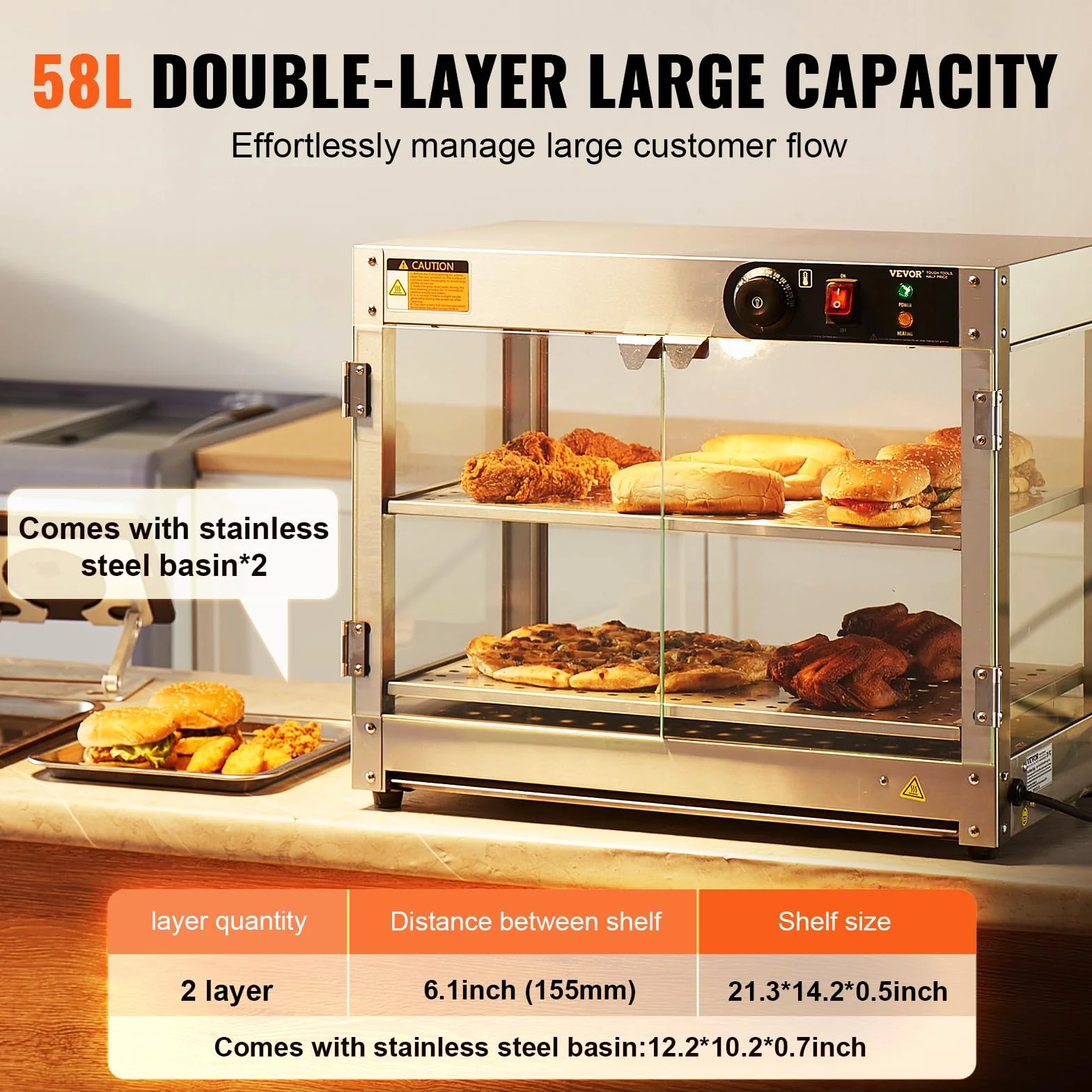 VEVOR Calentador de Alimentos Comercial de 2 Niveles, 800 W con Luz para Mejorar la Exhibición de los Alimentos, Control de Temperatura de 30~85 ℃, Gran Capacidad de 58 L, 610 x 380 x 510 mm, Plata