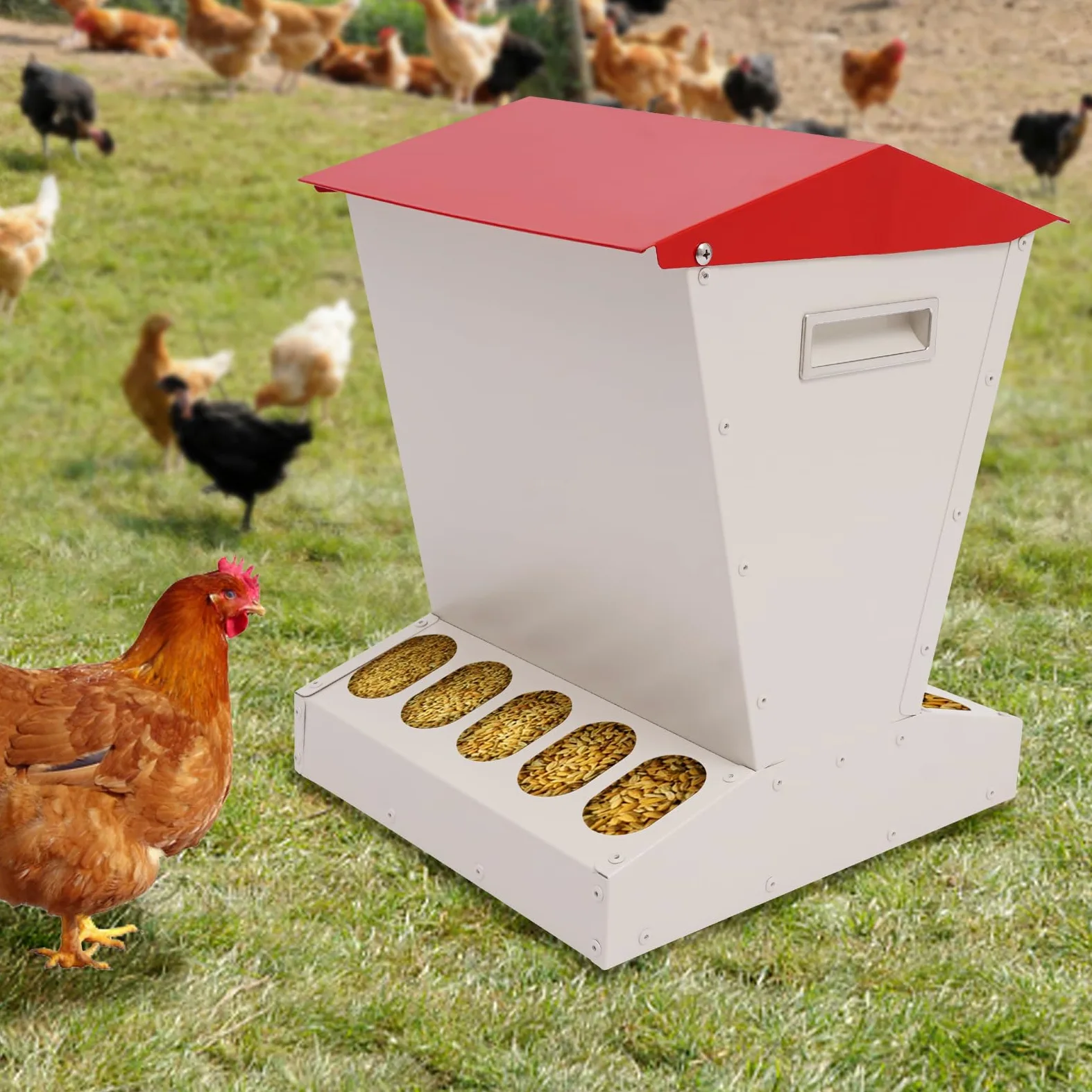 Comedero automático grande para pollos, 11 kg, de metal, con 10 conexiones de alimentación, comedero automático para aves de corral, pollos, patos, pavos, gansos