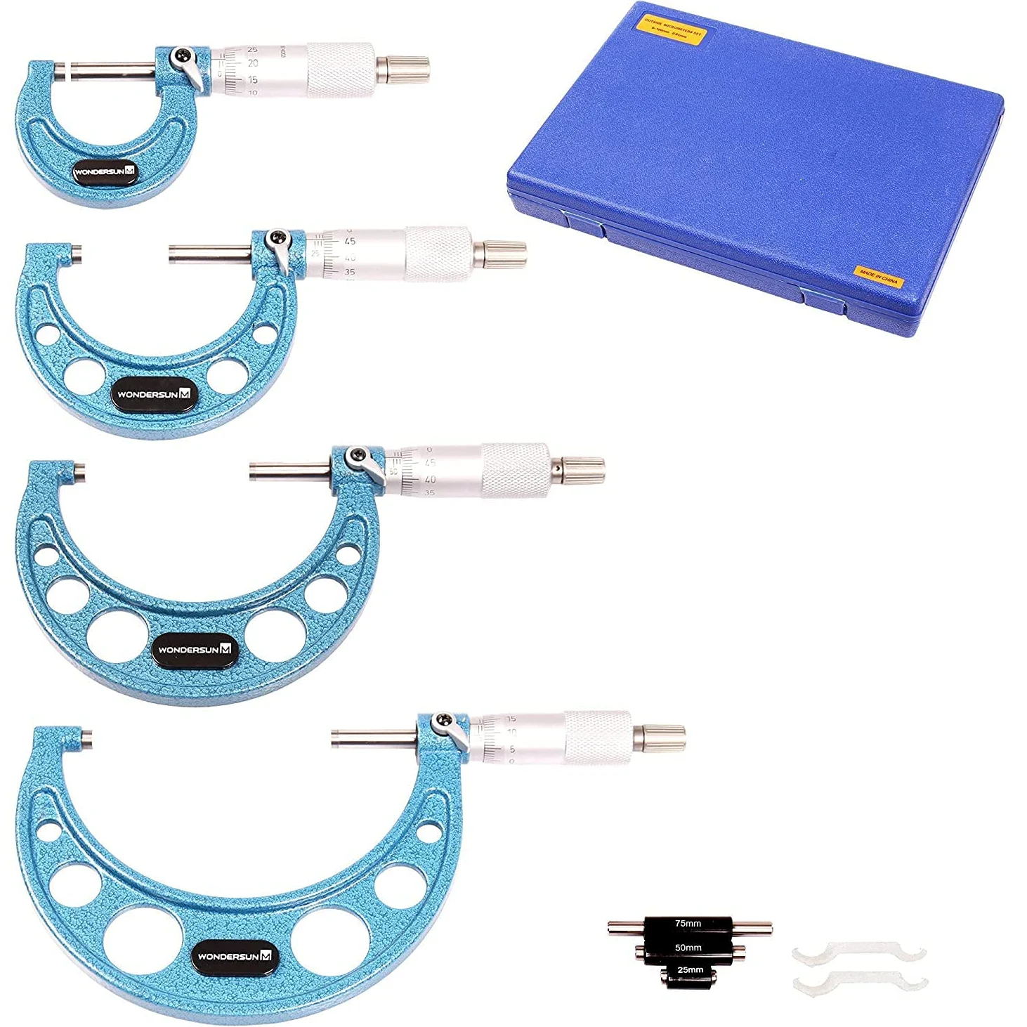 Juego de 4 herramientas profesionales de precisión para exteriores de 0-25 mm/25-50 mm/50-75 mm/75-100 rango de medición incluido 0,01 división