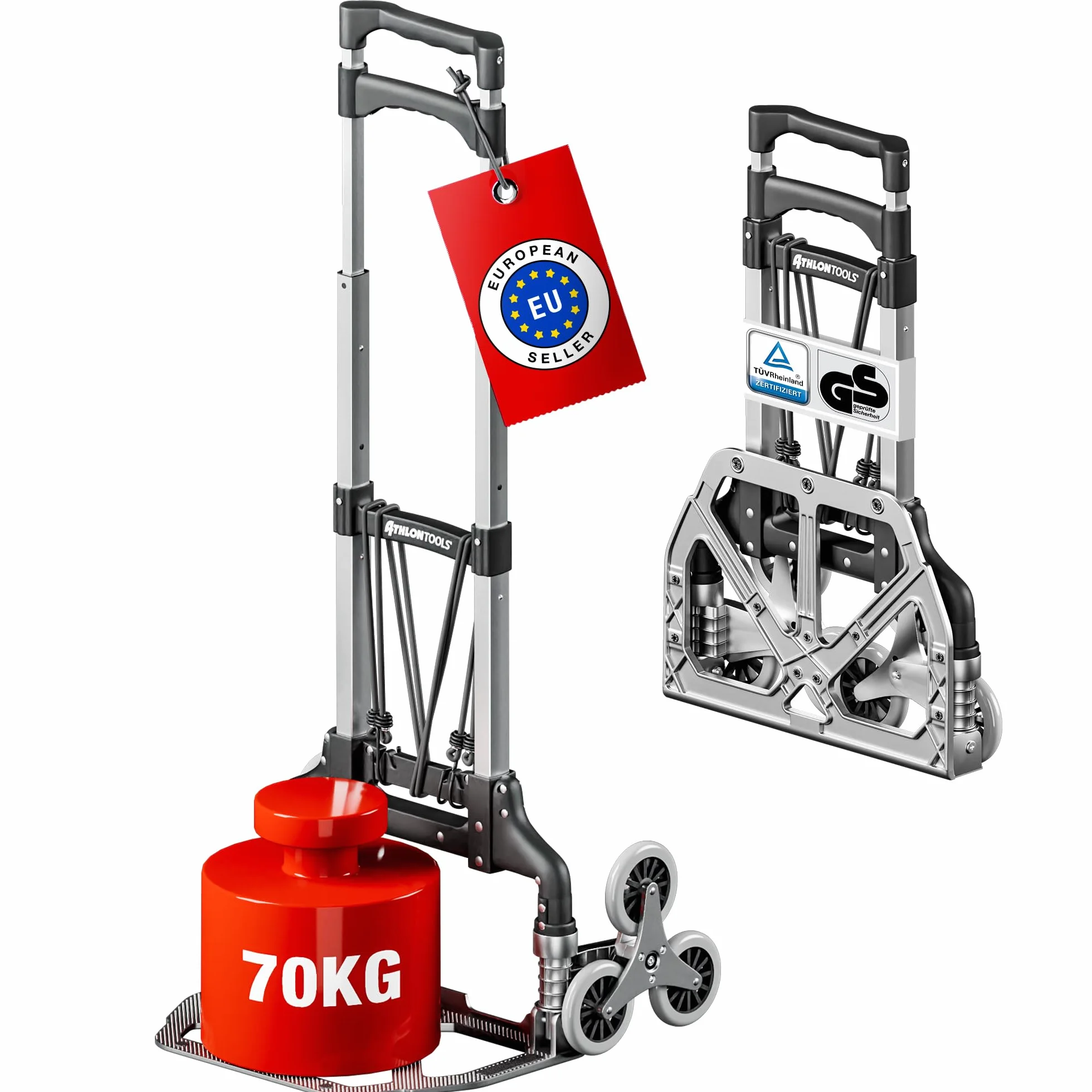 ATHLON TOOLS Carretilla Plegable de Aluminio, TÜV GS-Certificado, Mango 110 cm, Almohadillas Antideslizantes, Modelo 2025