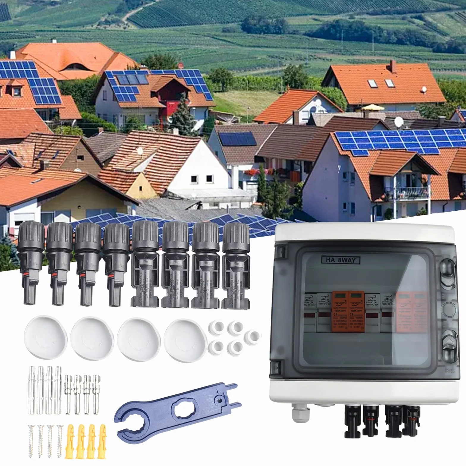 Caja de conexión fotovoltaica, caja de conexiones solar DC 2 cuerdas 8/12 módulos 2 entradas 2 salidas fotovoltaico de protección IP65(DC 2-String 12M T2 1000V)