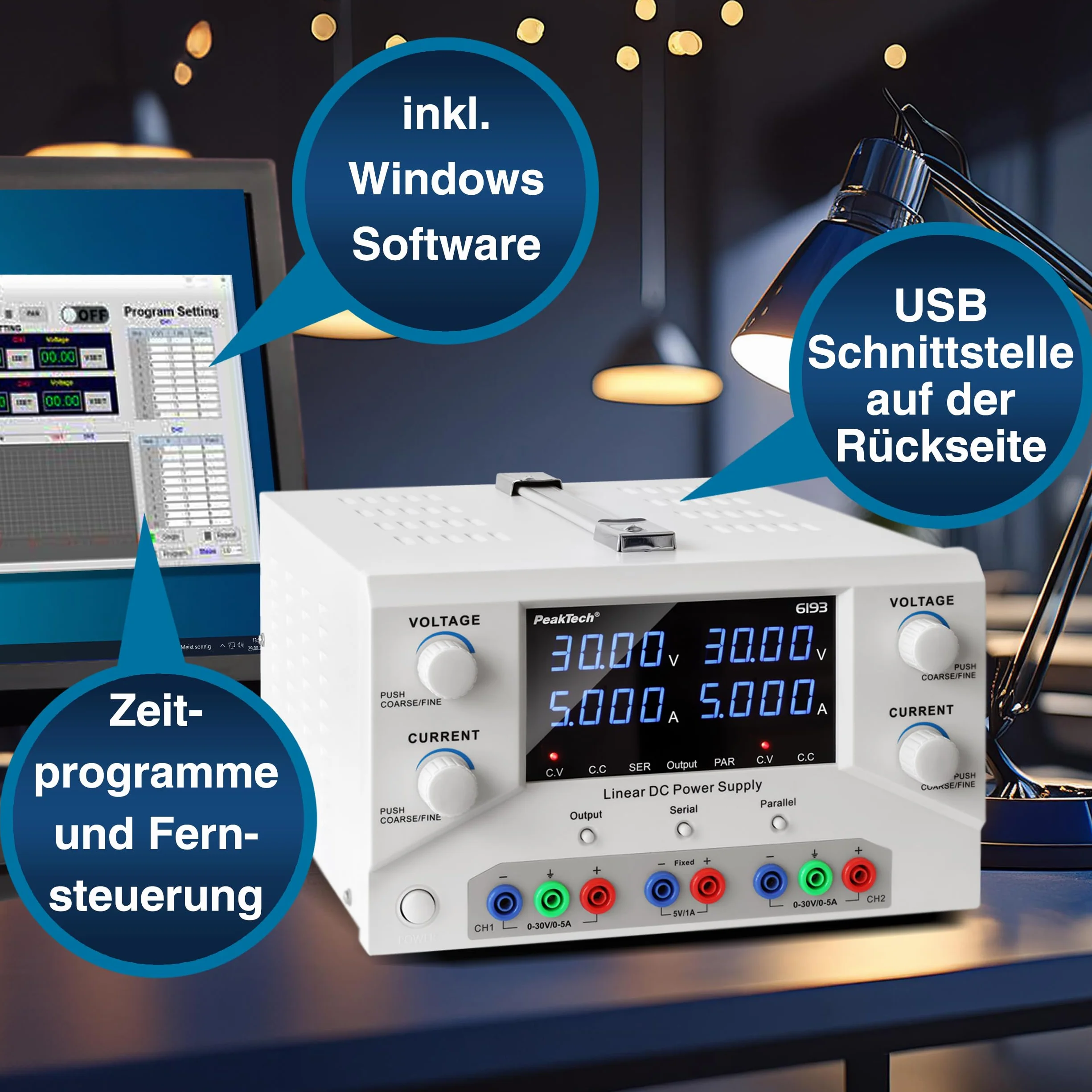 PeakTech, 6193, Fuente de alimentación de laboratorio 2 x 0, 30 V / 0, 5 A DC SELV fuente de alimentación lineal con transformador de aislamiento, fuente de alimentación de laboratorio con USB