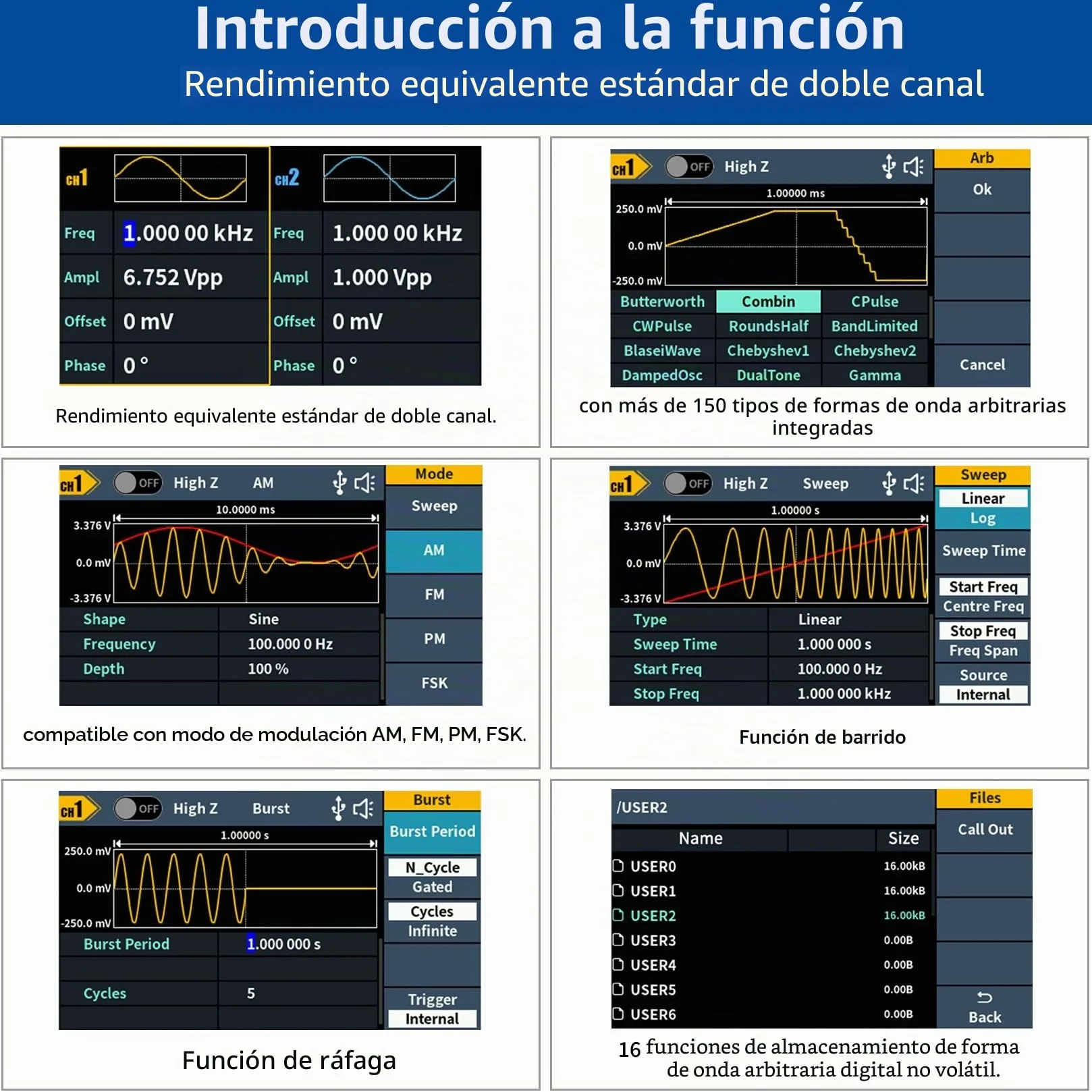OWON Generador de funciones de 35 MHz de canales duales DGE2035, generador de forma de onda arbitraria portátil con pantalla LCD de 3,6 pulgadas, generador de señal de frecuencia muestreo de 14 bits