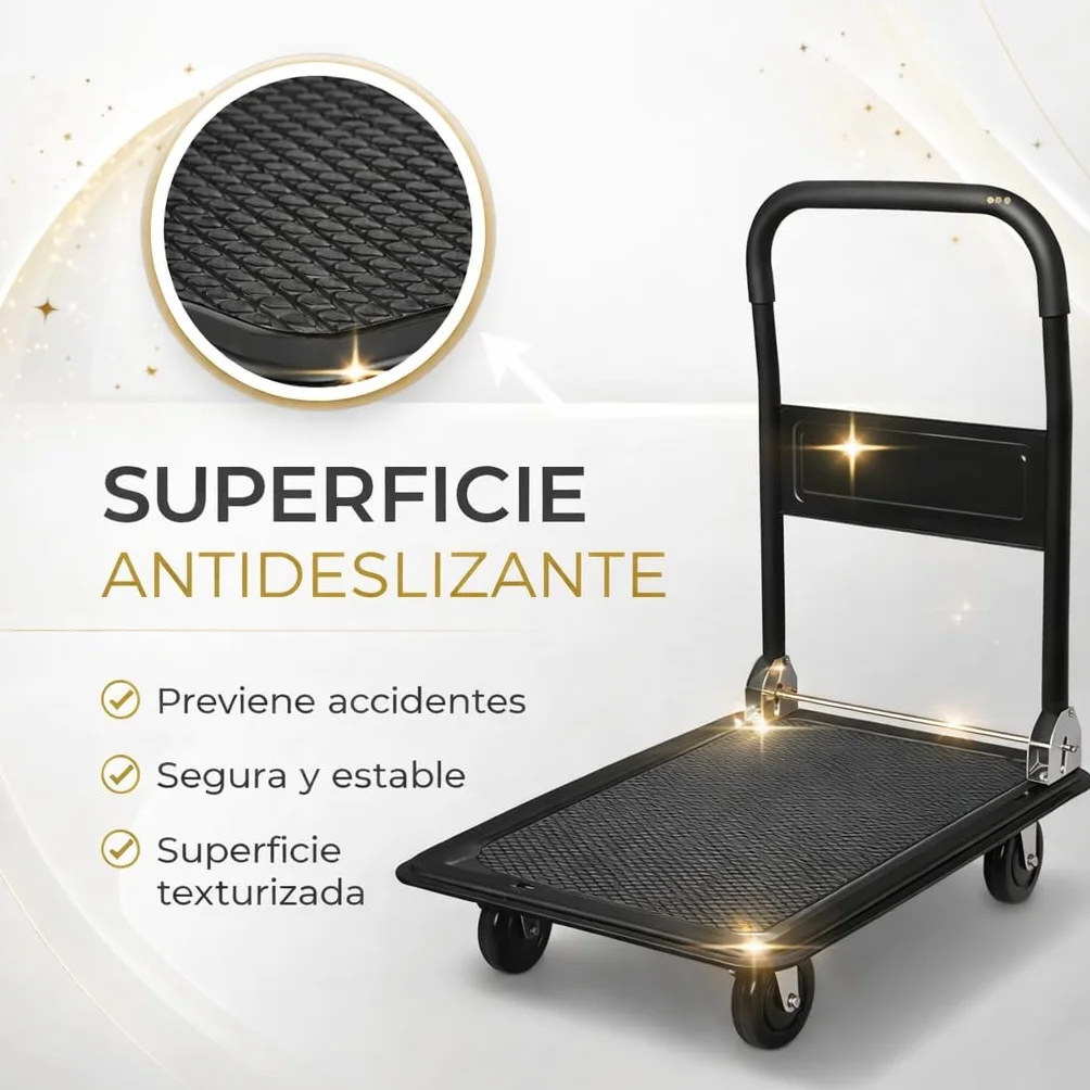 Carro de Plataforma Transporte Industrial Plegable 150kg Negro
