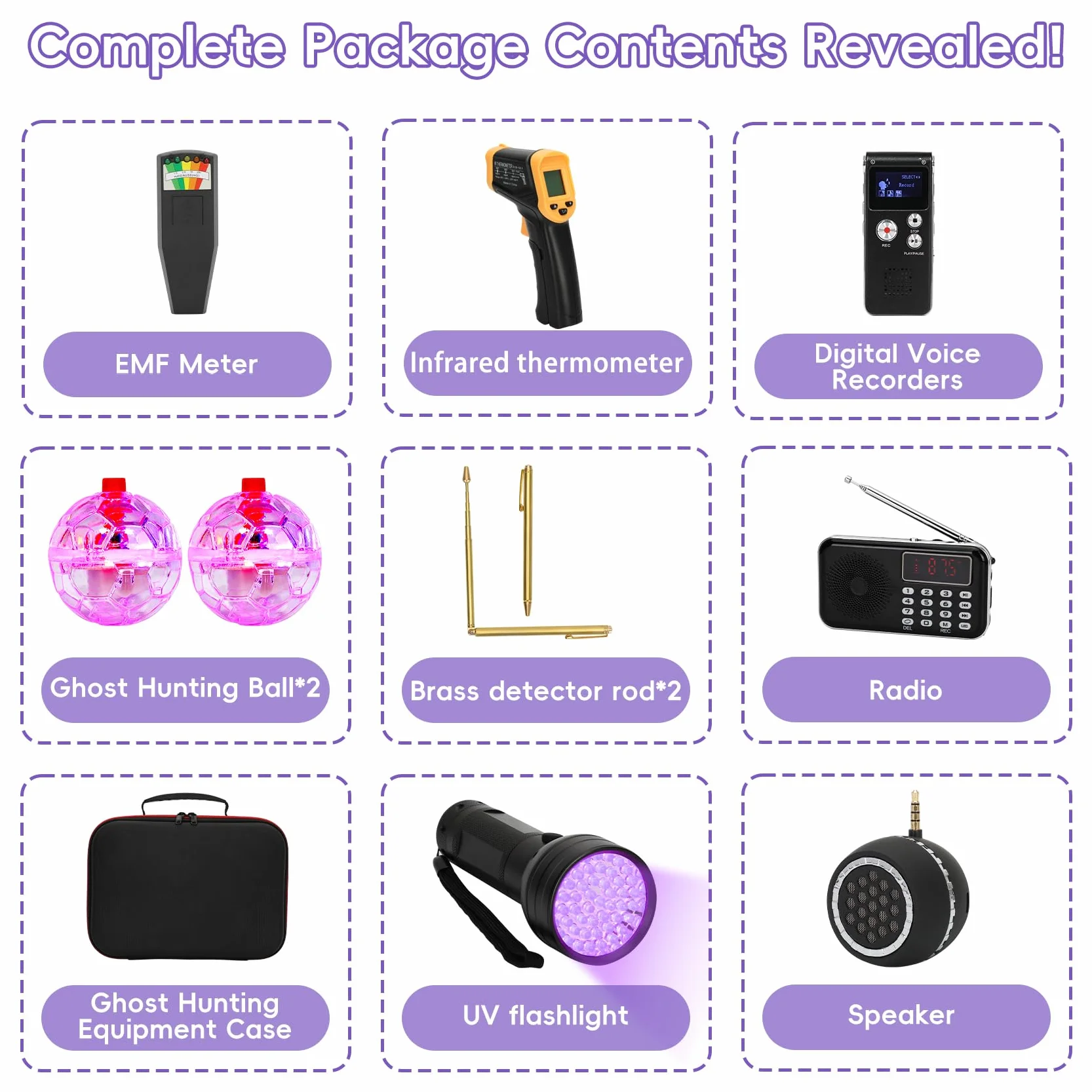 Kit de caza de fantasmas de 11 piezas con 1 medidor EMF, 1 grabadora EVP, 1 caja de espíritu, 1 altavoz, 1 termómetro infrarrojo, 1 luz UV, 2 varillas de detección de latón, 2 bolas de gato con luz