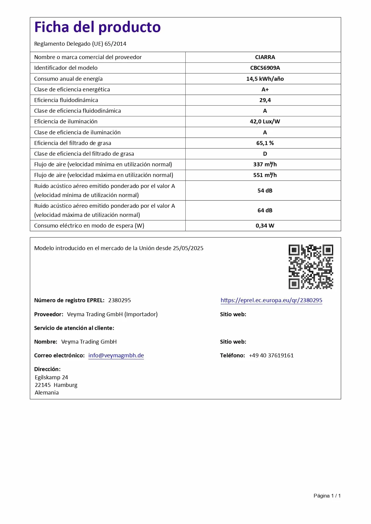 CIARRA CBCS6909A Campana Extractora Telescópica 60 cm 600 m³/h Clase A+ Acero Inoxidable Control Táctil LED