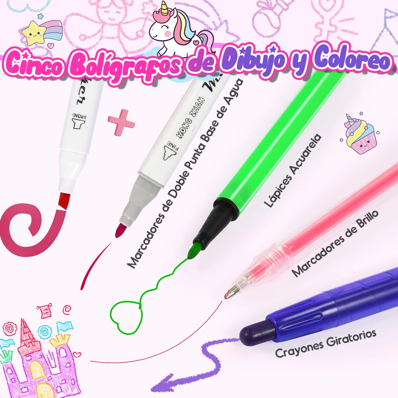Maletin Pinturas para Niños Acuarelas Marcadores Regalo Niña 3-10 años Estuche 48 Pinceles Pegatinas Impermeable Fácil de Limpiar Rosa