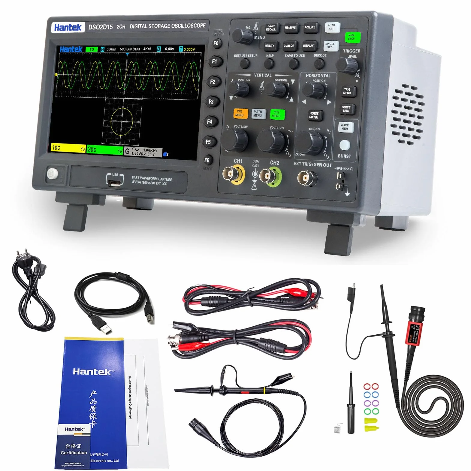Hantek DSO2D15 Digital Osciloscopio 2 canales 1GSa/S Almacenamiento Osciloscopio 150 MHZ Banda ancha Mano