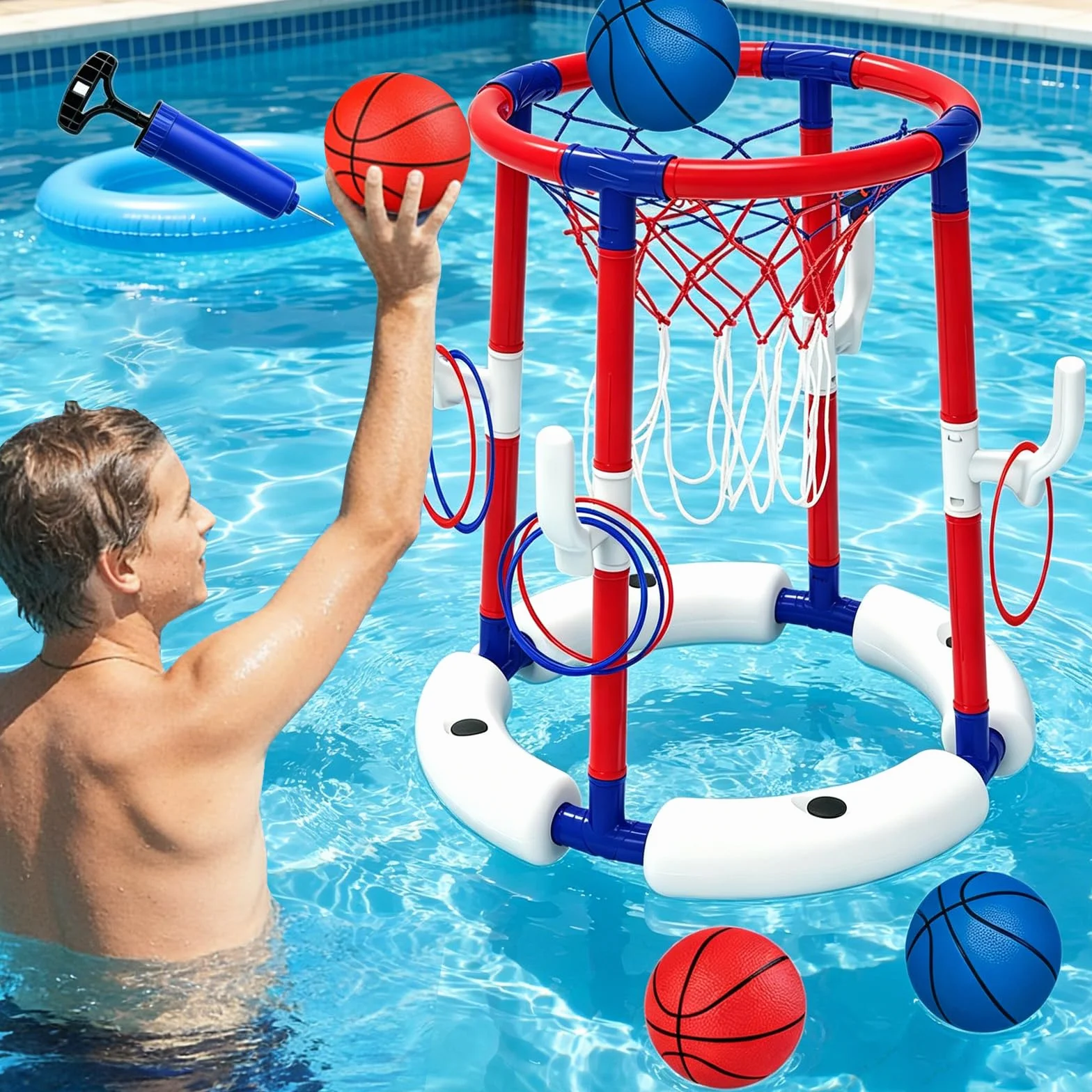 Baloncesto Flotante Hinchable para Piscina, Juguete Acuático de Verano y Playa