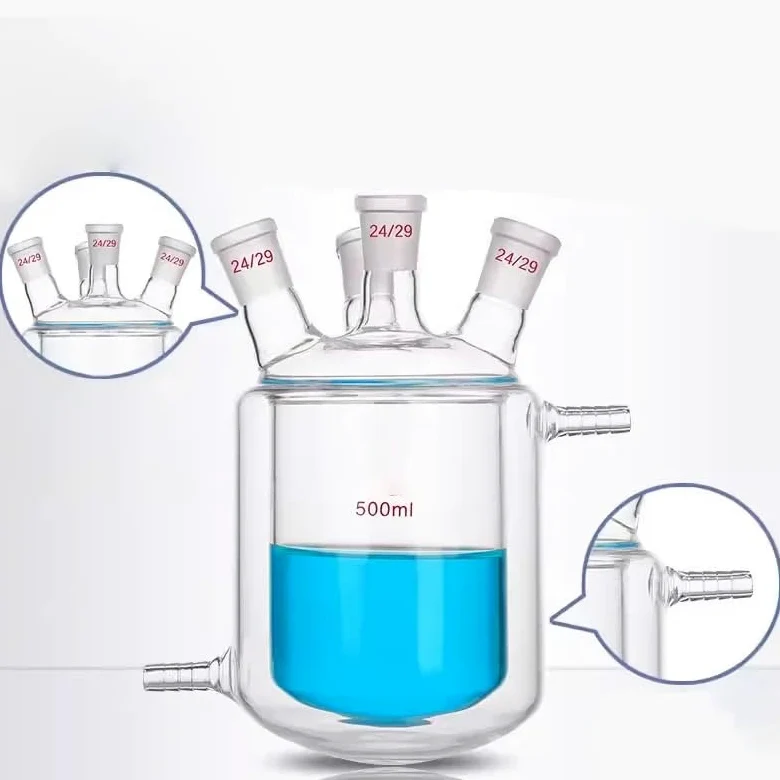Probeta graduada de vidrio, Vidrio de borosilicato del matraz reacción laboratorio cuatro bocas con doble camisa 100-1000 ml(100ml 24X24X24X24)