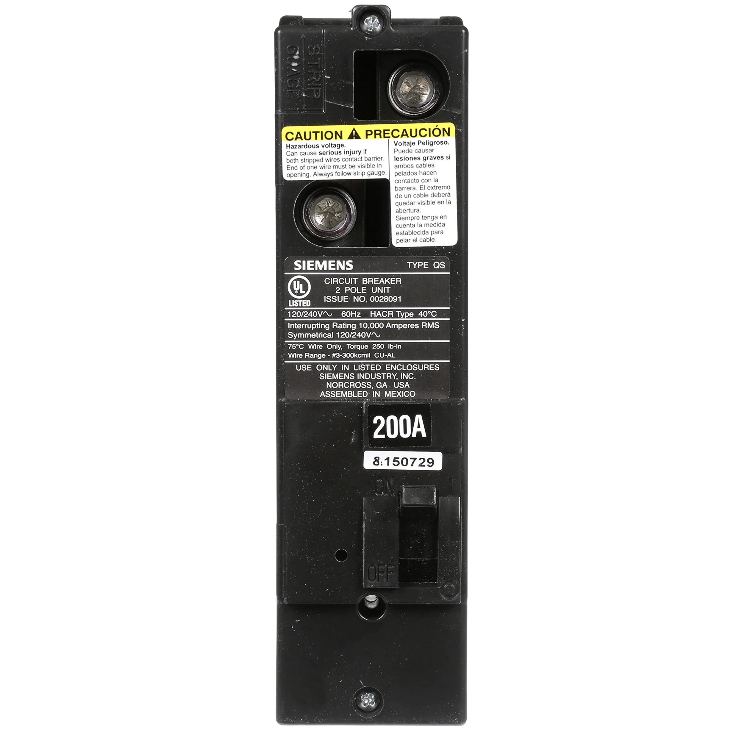 Siemens QS2200 QS Type 200-Amp Multifamiliar Interruptor principal, 10 KAIC clasificado por Siemens