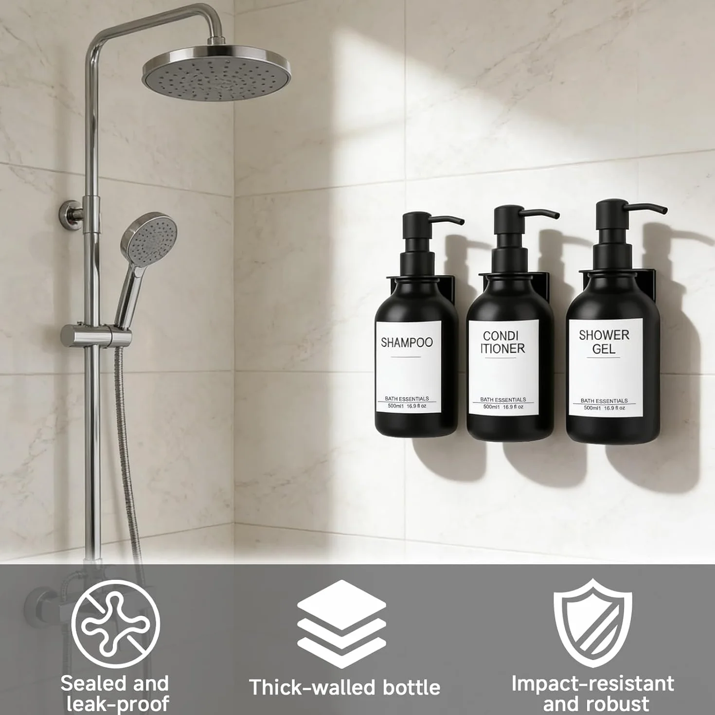 Dispensador Jabón Baño Pared 3 Piezas Botellas Vacías 500 ml Dosificador Bomba Plástico