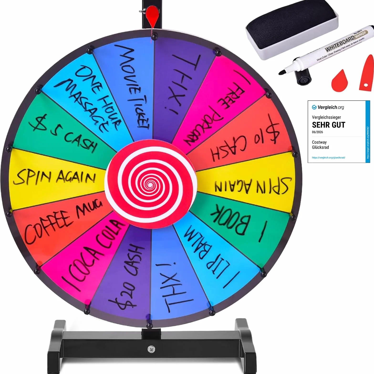 COSTWAY Ruleta de la Suerte 18 Pulgadas, Rueda de la Fortuna con Soporte y Pluma Borrable para Fiesta