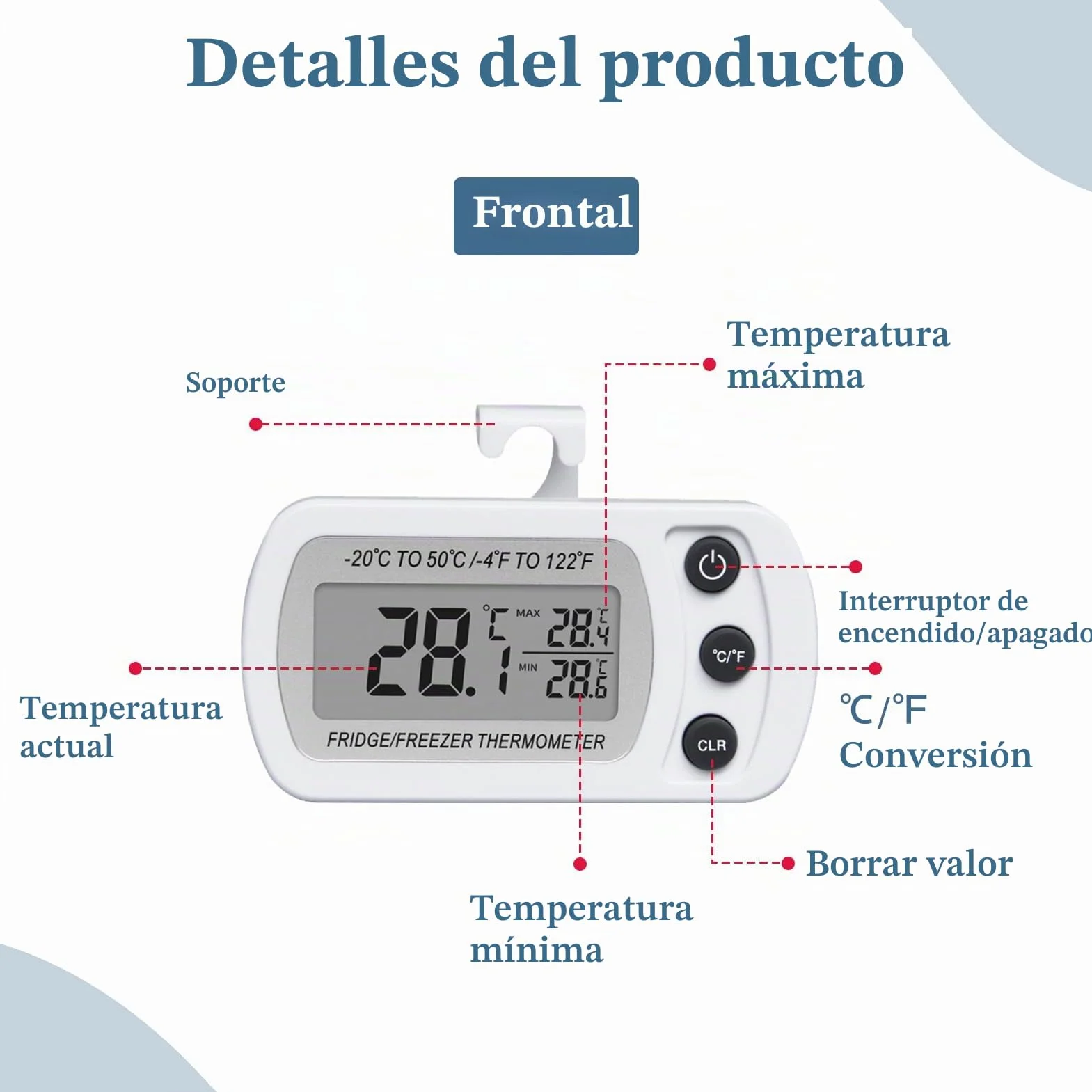 Termómetro Frigorífico Digital para Nevera y Congelador, Pantalla LCD Grande Impermeable, Memoria Máx/Mín, 2 Piezas