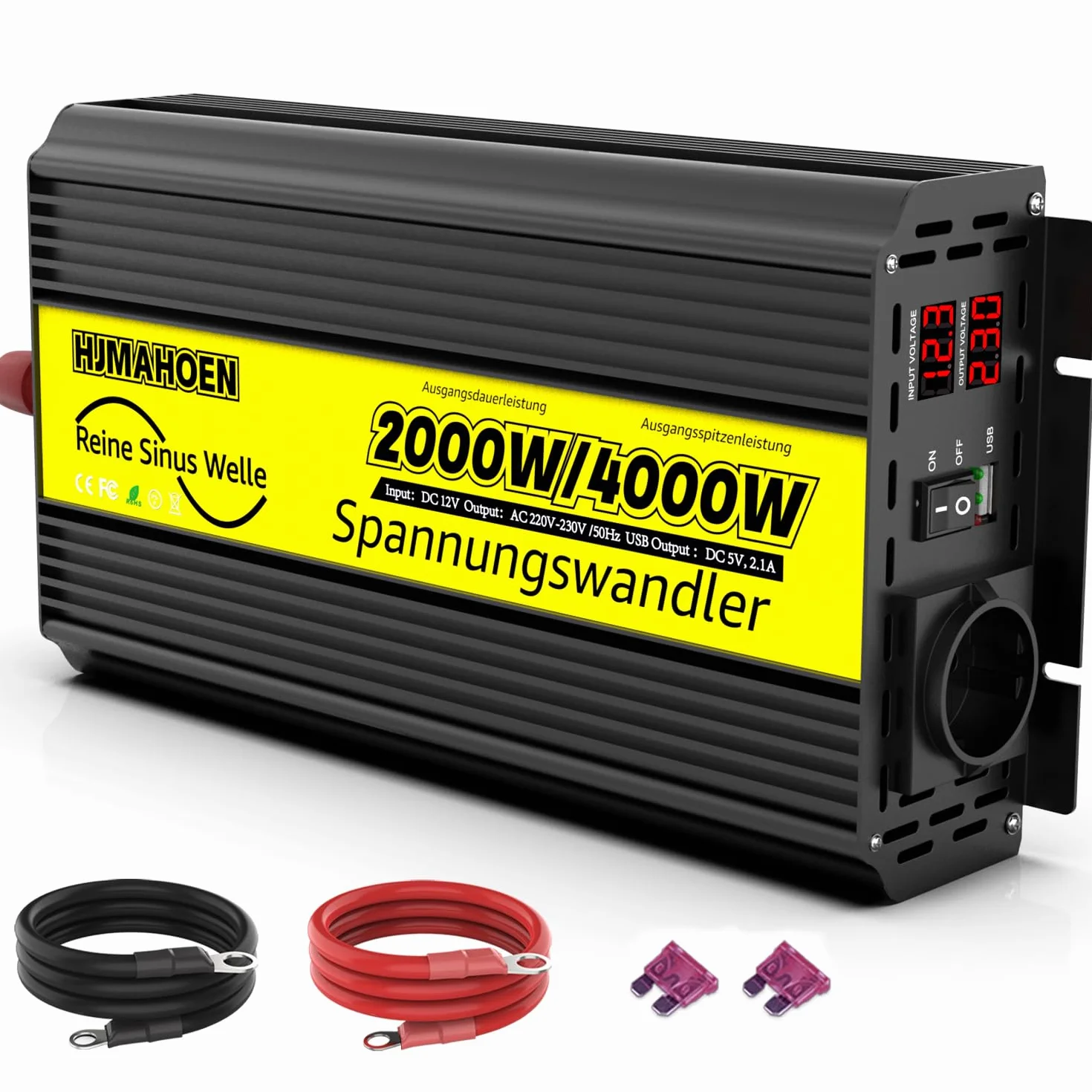 Inversor 12V a 230V 2000w/4000w Conversor de Voltaje de Onda sinusoidal Pura, para casa, Caravana, camión, con Conector USB Integrado 5V/2.1A