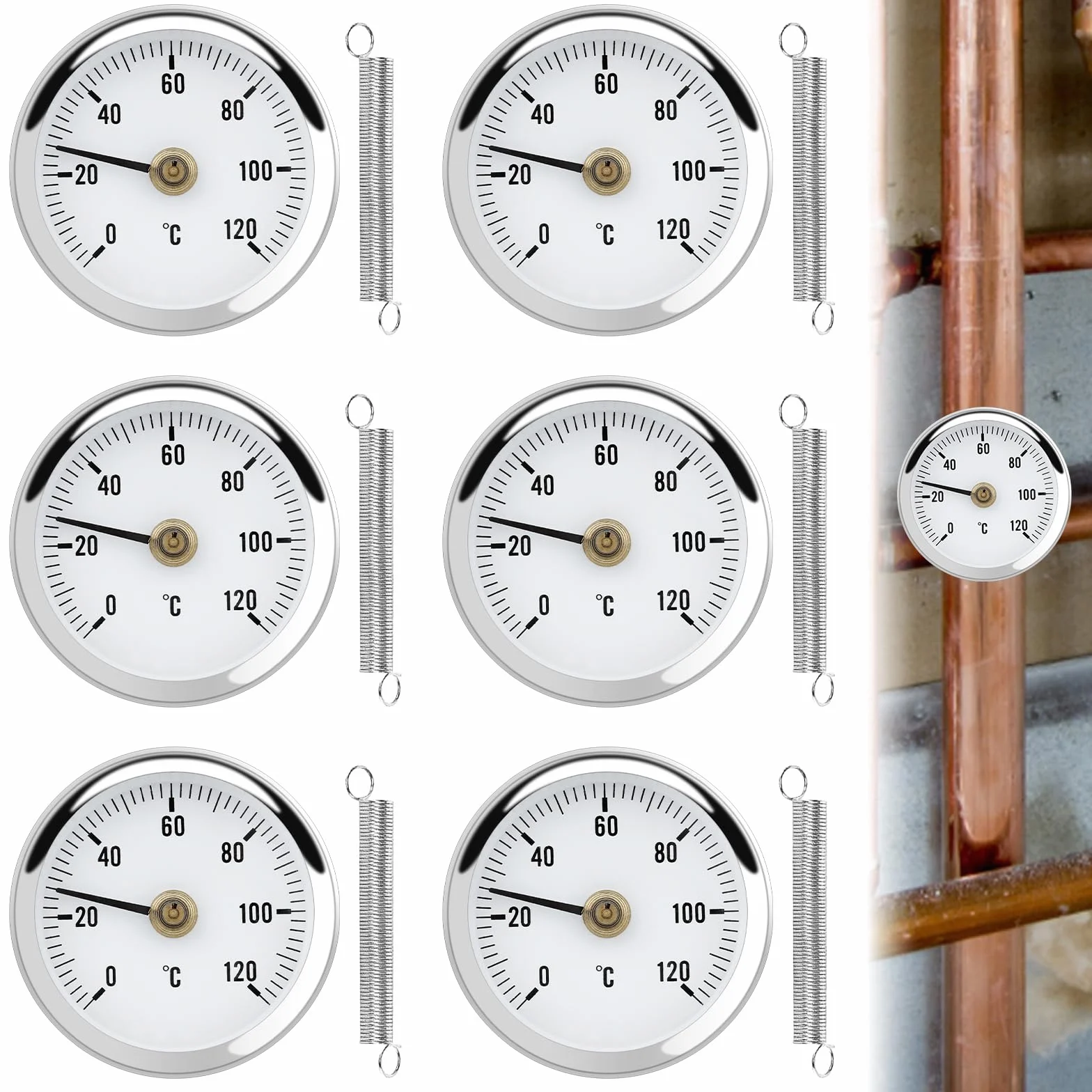 Termómetro para calefacción 0-120 °C, indicador de temperatura con muelle de clip, tubo 63 mm, 6 unidades