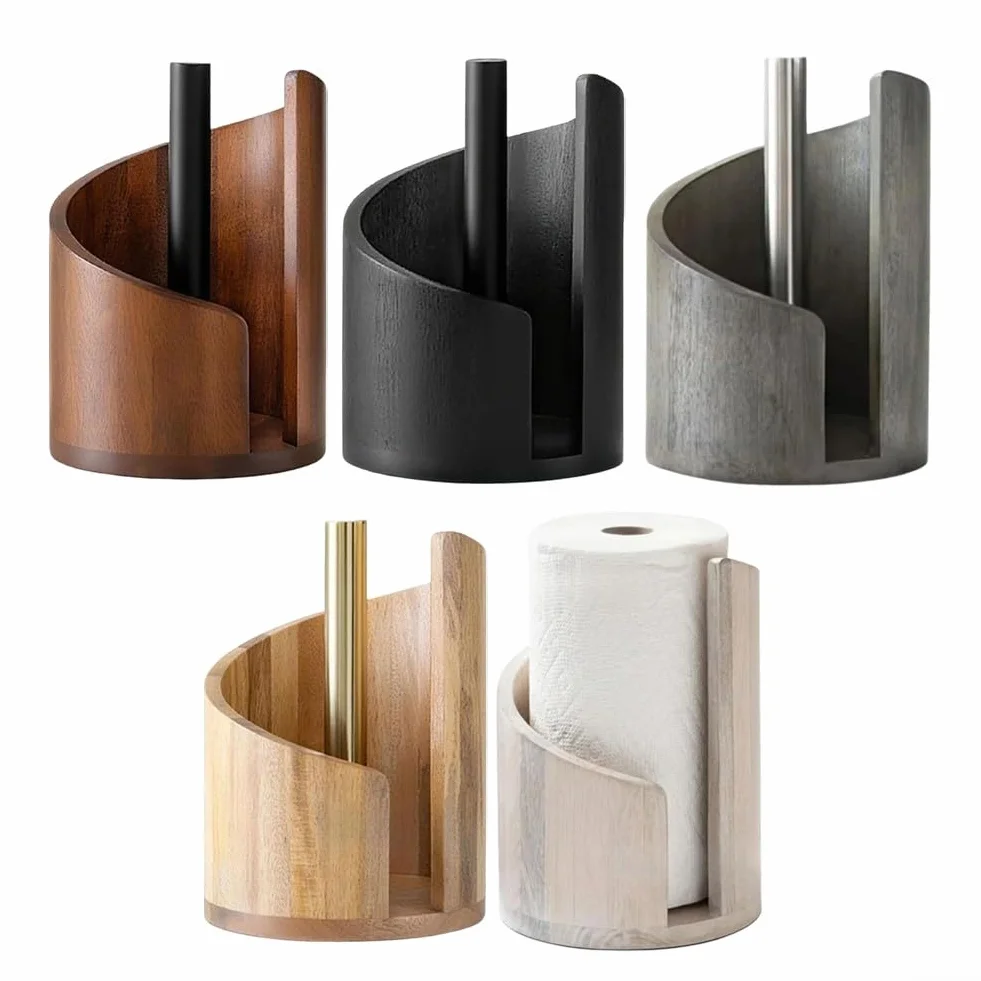 Soporte vertical para toallas de papel encimera base madera barra metal
