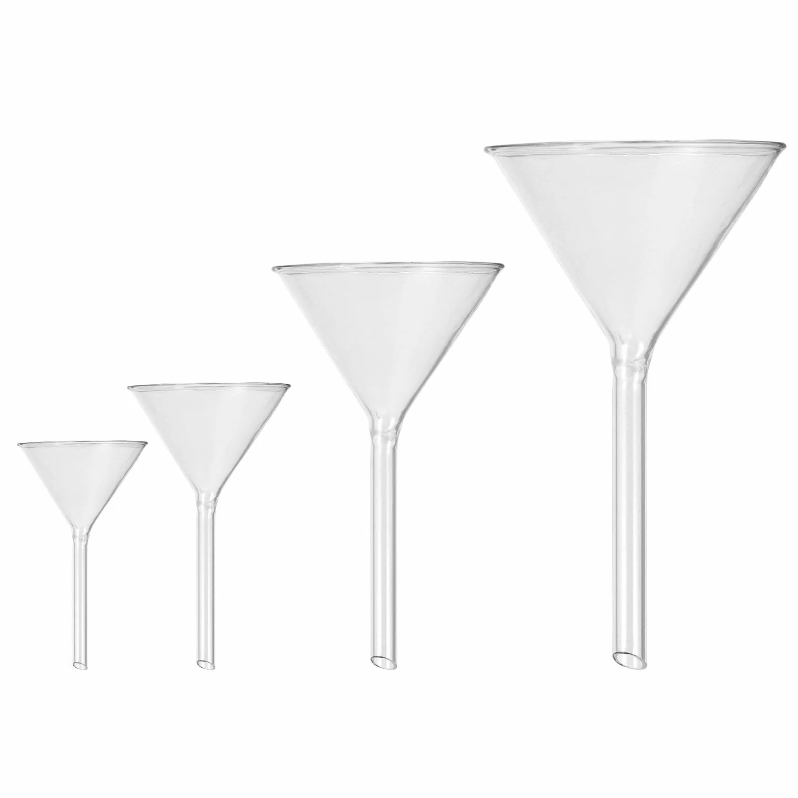 Set de 4 Embudos de Vidrio de Cuello Corto y Forma Triangular, Construidos en Borosilicato Resistente, Diseñados para Uso en Laboratorios y Transferencia de Líquidos en Botellas